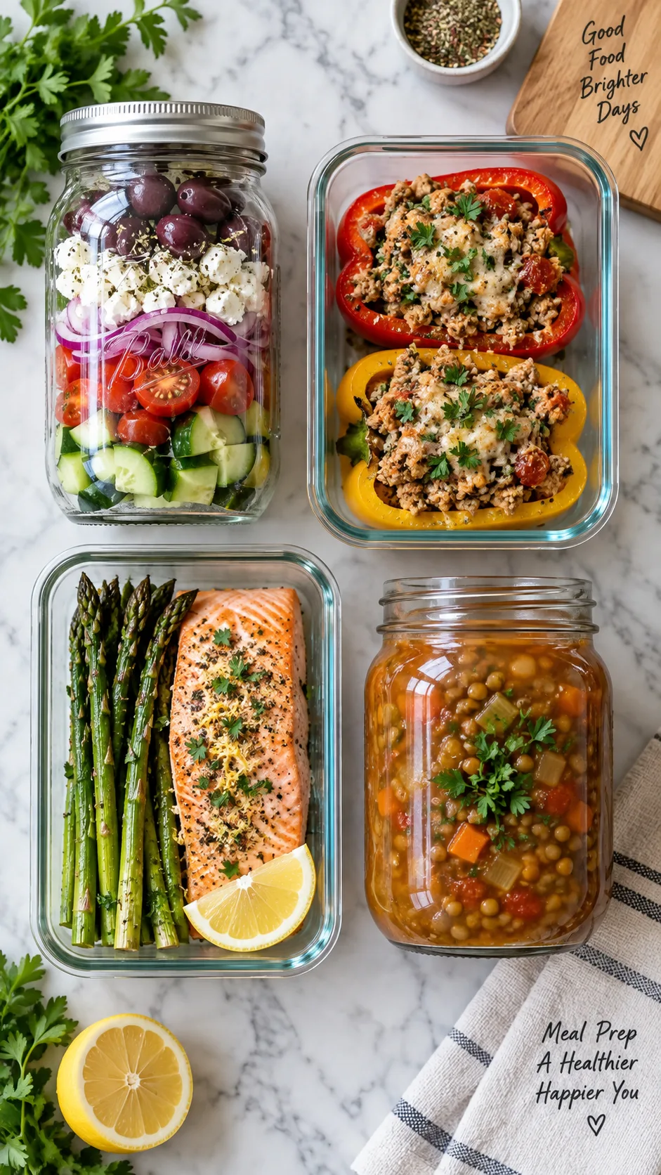 Meal prep containers lined up showing variety: Greek salad jar, turkey stuffed peppers, salmon with asparagus, and a lentil soup in a glass jar, marble countertop, soft natural light, top-down view