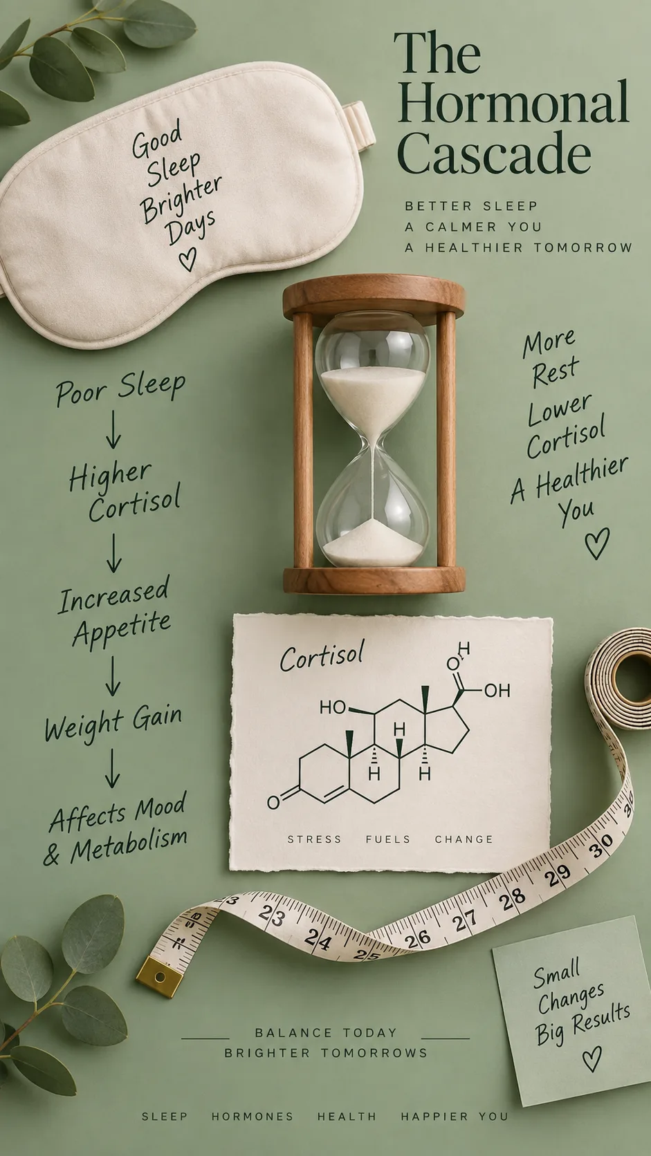 Clean educational infographic style photograph showing a hormonal cascade concept: an hourglass, a sleep mask, a cortisol molecule diagram and a measuring tape arranged on a muted sage background, flat lay, soft studio lighting