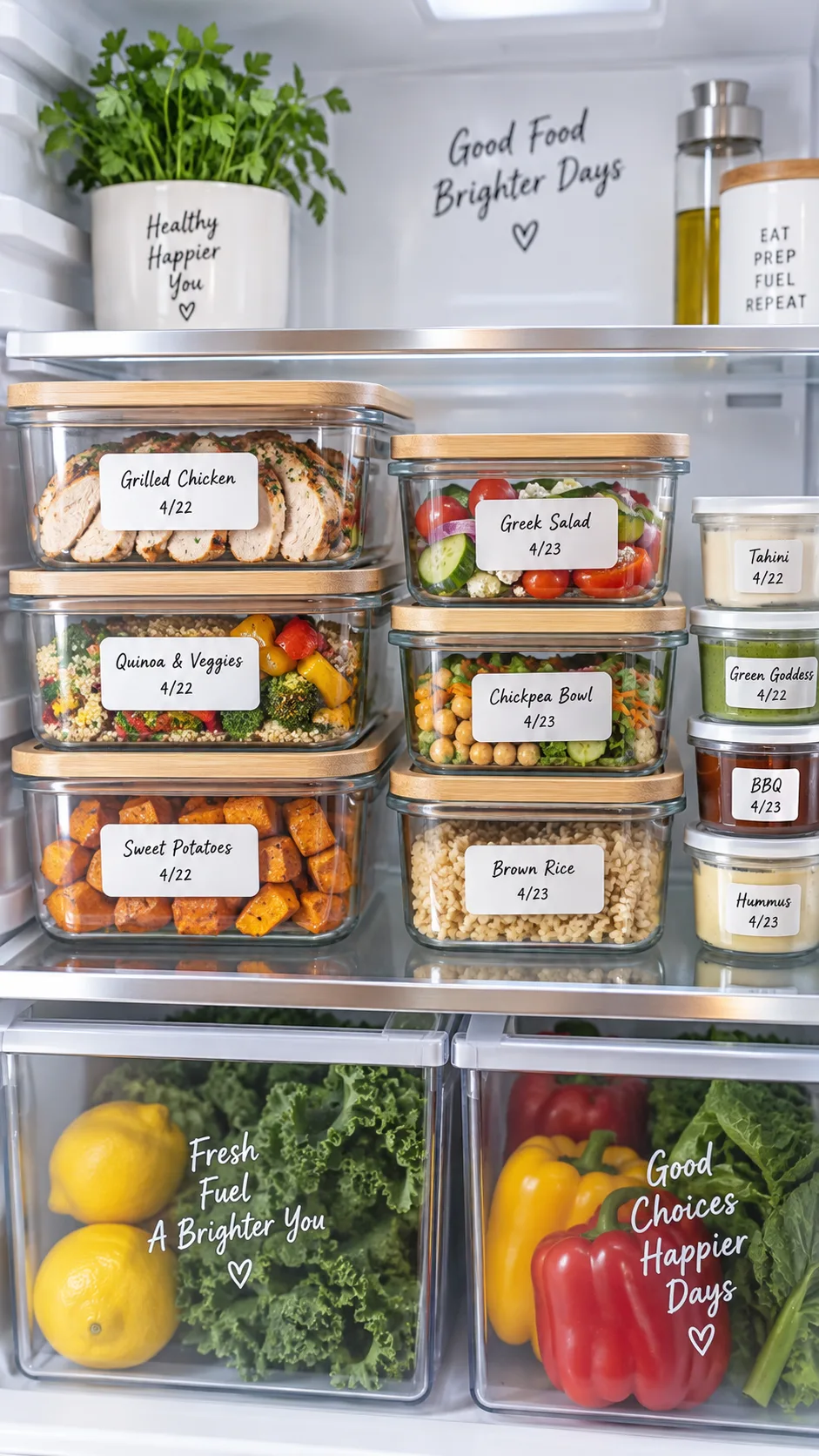 Organized refrigerator shelf with labeled glass meal prep containers showing dates, stacked neatly with small sauce containers on the side, clean modern kitchen, bright lighting