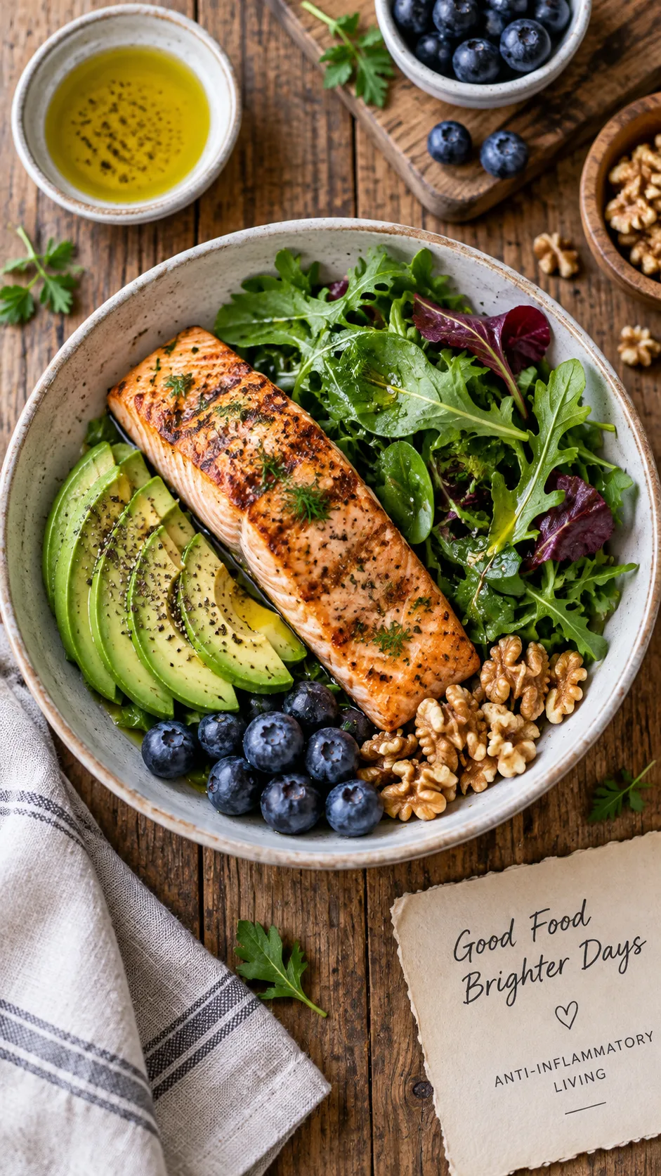 Overhead flat lay of a balanced anti-inflammatory meal: grilled salmon fillet, avocado slices, mixed leafy greens, blueberries, walnuts and olive oil in a ceramic bowl on a rustic wooden table, natural daylight, food photography