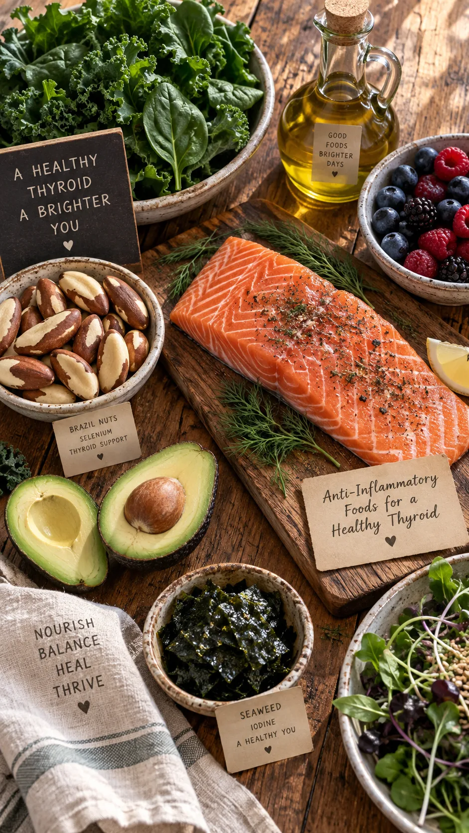 The Hashimoto's Disease Diet Plan That Finally Calms Inflammation and Fatigue 1 A warm overhead photograph of a wooden table with anti-inflammatory foods for thyroid health: wild salmon fillet, Brazil nuts, leafy greens, avocado, berries, olive oil, and seaweed, natural window light, soft shadows, rustic styling
