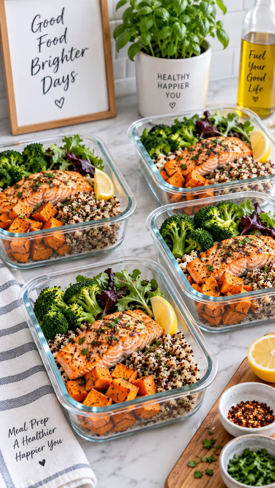 The Hashimoto's Disease Diet Plan That Finally Calms Inflammation and Fatigue 3 A colorful meal prep spread in glass containers showing grilled salmon, roasted sweet potato, steamed broccoli, quinoa and mixed greens, bright kitchen counter, natural daylight, clean modern food photography
