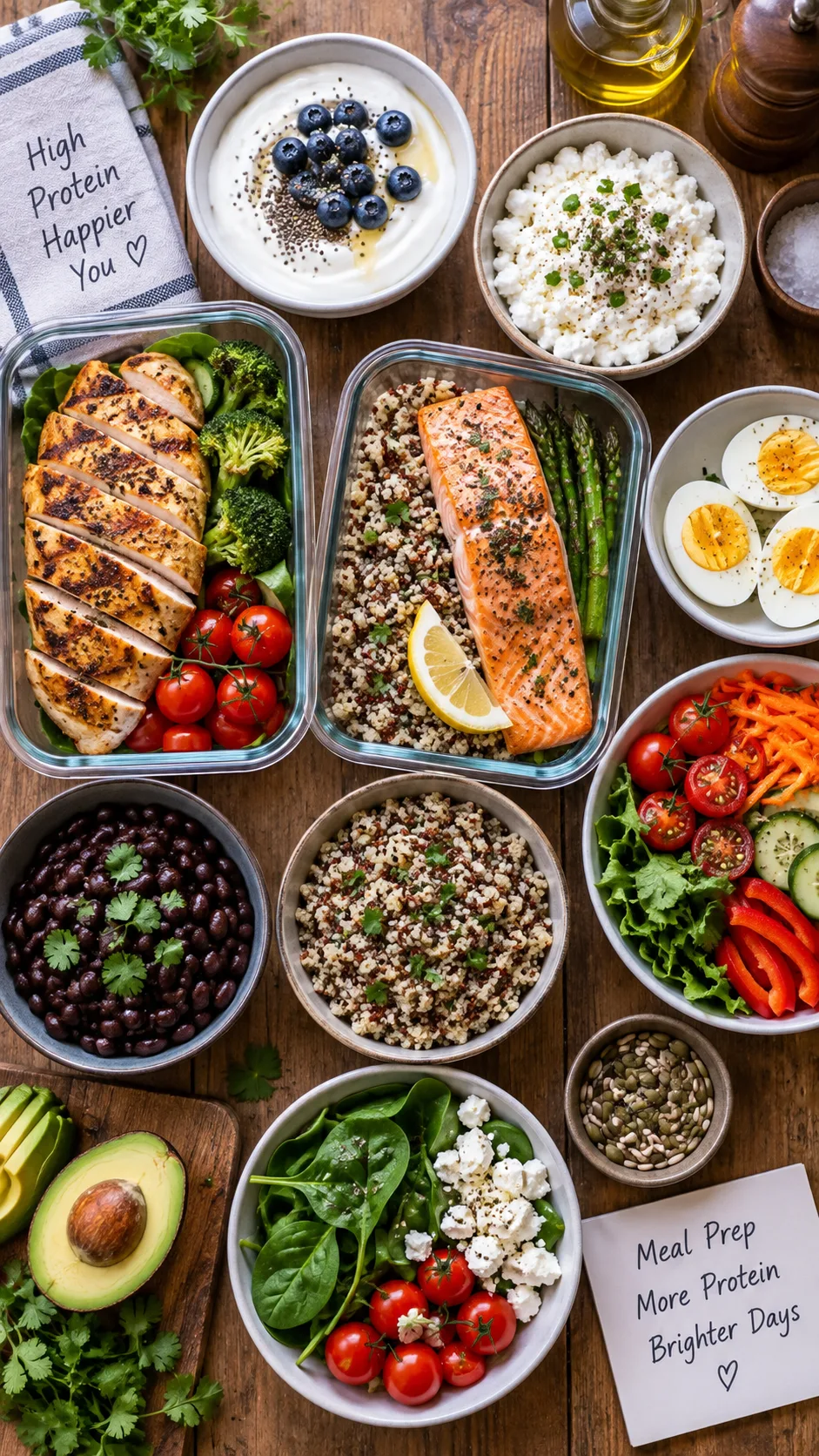 The 7-Day High Protein Meal Plan That Actually Keeps You Full 1 Overhead flat lay of a colourful high protein meal prep spread on a wooden table: grilled chicken breast, salmon fillet, boiled eggs, Greek yogurt, cottage cheese, black beans, quinoa and fresh vegetables, natural window light, food photography style