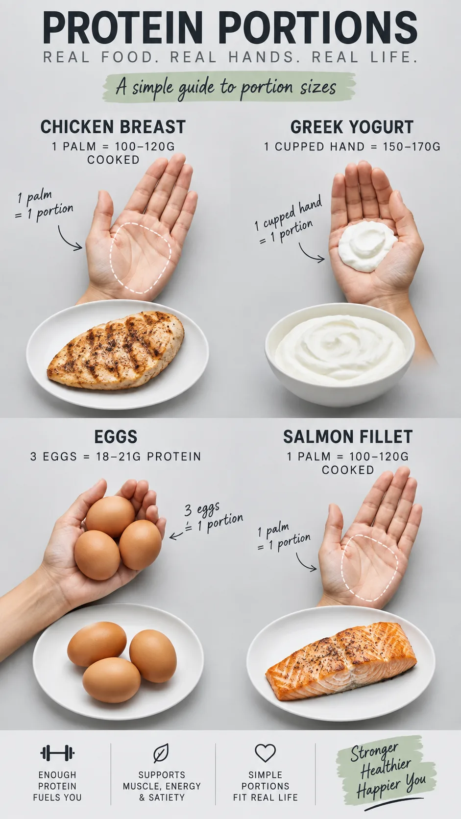 The 7-Day High Protein Meal Plan That Actually Keeps You Full 2 Clean infographic-style photo showing protein portion sizes compared to hand measurements: a palm of chicken, a cupped hand of Greek yogurt, three eggs, and a salmon fillet on white plates against a light grey background