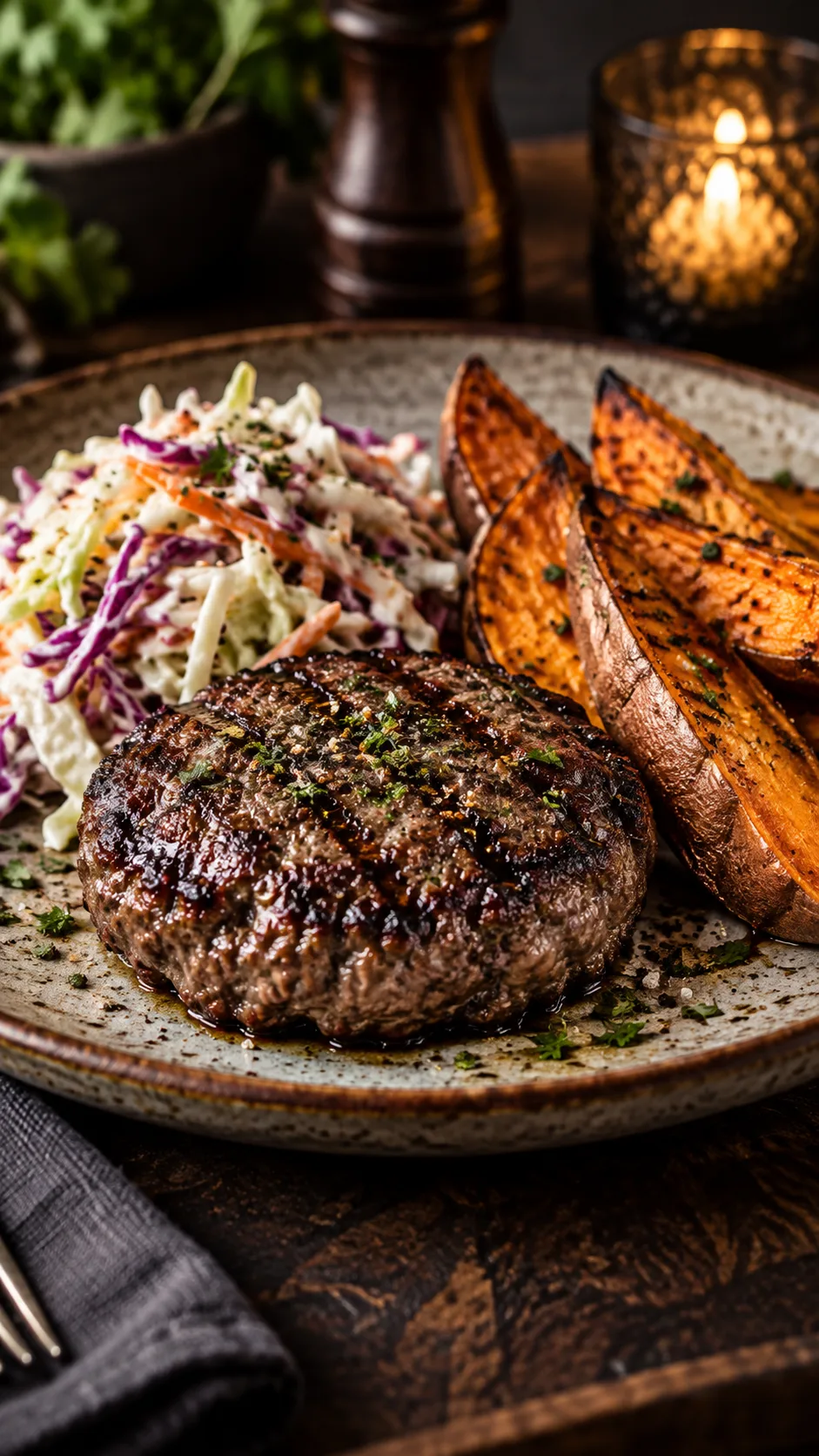 The 7-Day High Protein Meal Plan That Actually Keeps You Full 3 A juicy lean beef burger patty served open-faced with sweet potato wedges and crunchy coleslaw on a rustic ceramic plate, moody restaurant lighting, appetizing close-up food photography