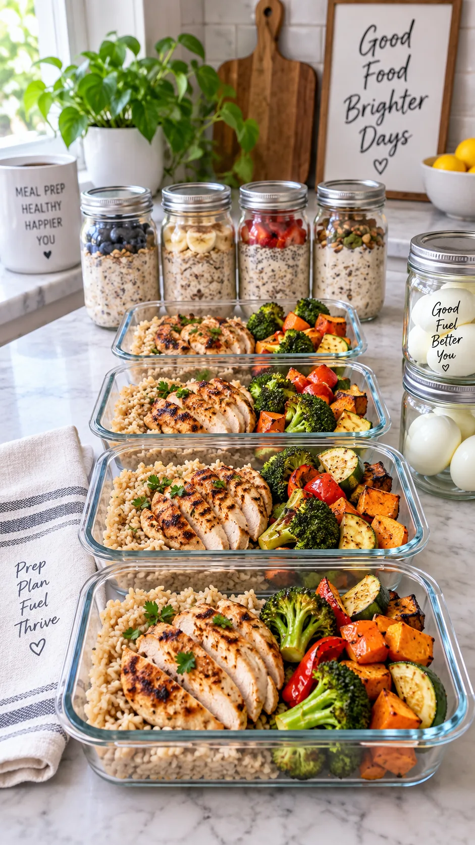 The 7-Day High Protein Meal Plan That Actually Keeps You Full 4 Glass meal prep containers lined up on a kitchen counter filled with grilled chicken, brown rice and roasted vegetables, plus jars of overnight oats and boiled eggs, bright natural kitchen lighting, organised and appealing