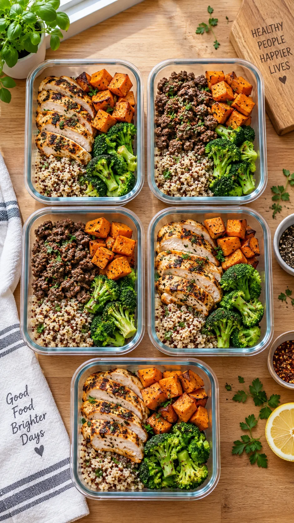 Overhead flat lay of five glass meal prep containers filled with grilled chicken, ground beef, roasted sweet potatoes, broccoli and quinoa, on a bright wooden kitchen counter, natural window light, food photography, sharp detail