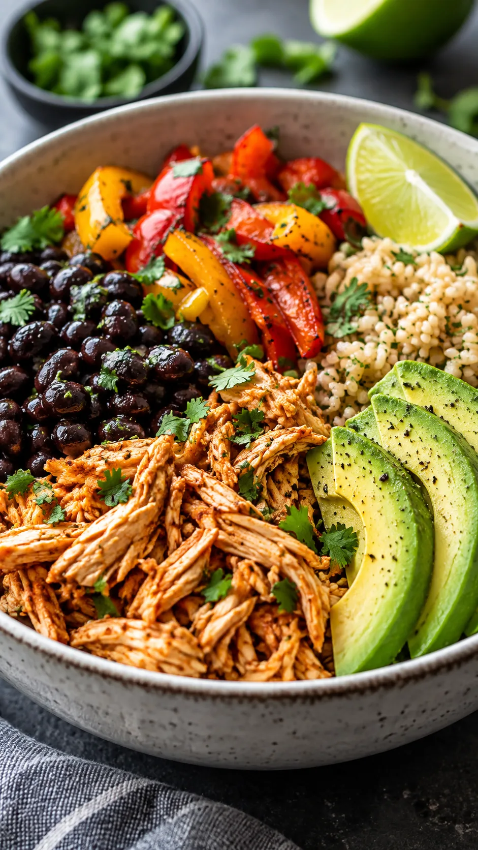 Close-up of a meal prep bowl showing distinct sections of shredded chicken, black beans, roasted peppers, brown rice and avocado slices, vibrant colors, shallow depth of field, restaurant quality food photography