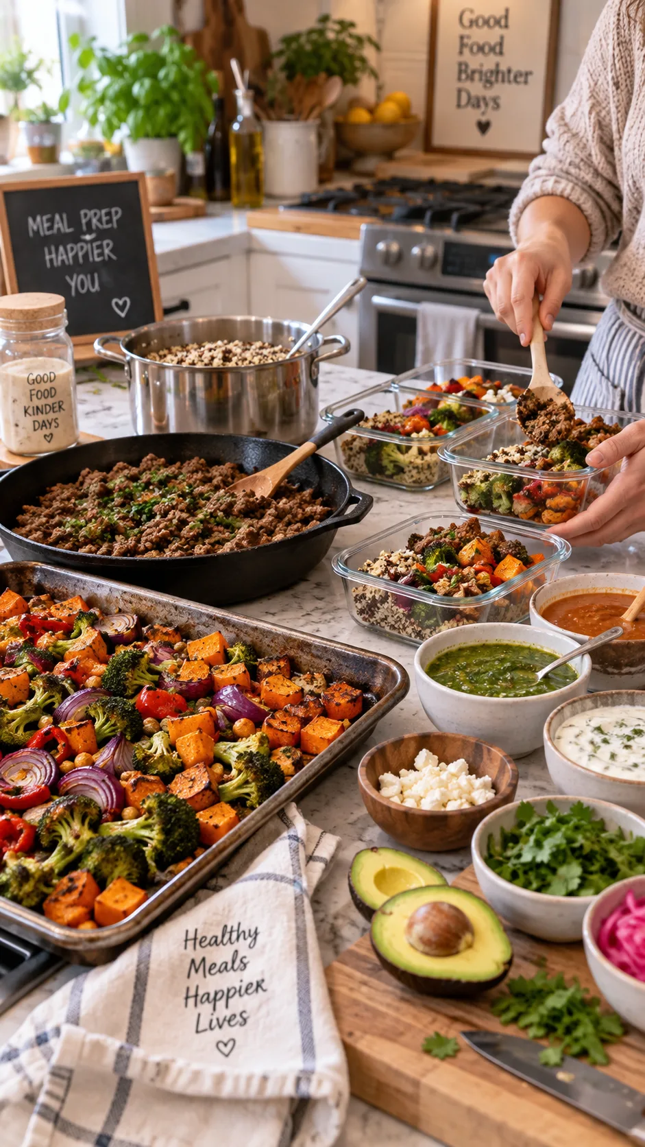 A busy home kitchen mid meal prep, large sheet pan of roasted vegetables, skillet of seasoned ground beef, pot of quinoa, small bowls of homemade sauces, hands portioning food into containers, warm natural lighting, candid lifestyle photography