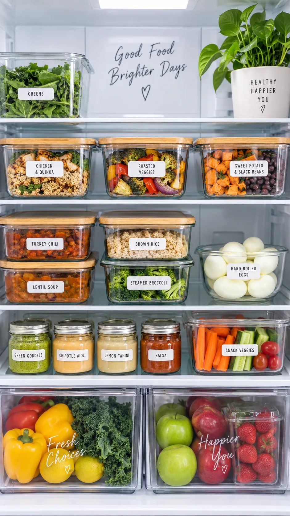 Neatly organized refrigerator shelf filled with labeled glass meal prep containers, small sauce jars, and a bowl of hard boiled eggs, clean modern kitchen, bright even lighting, organized lifestyle photography