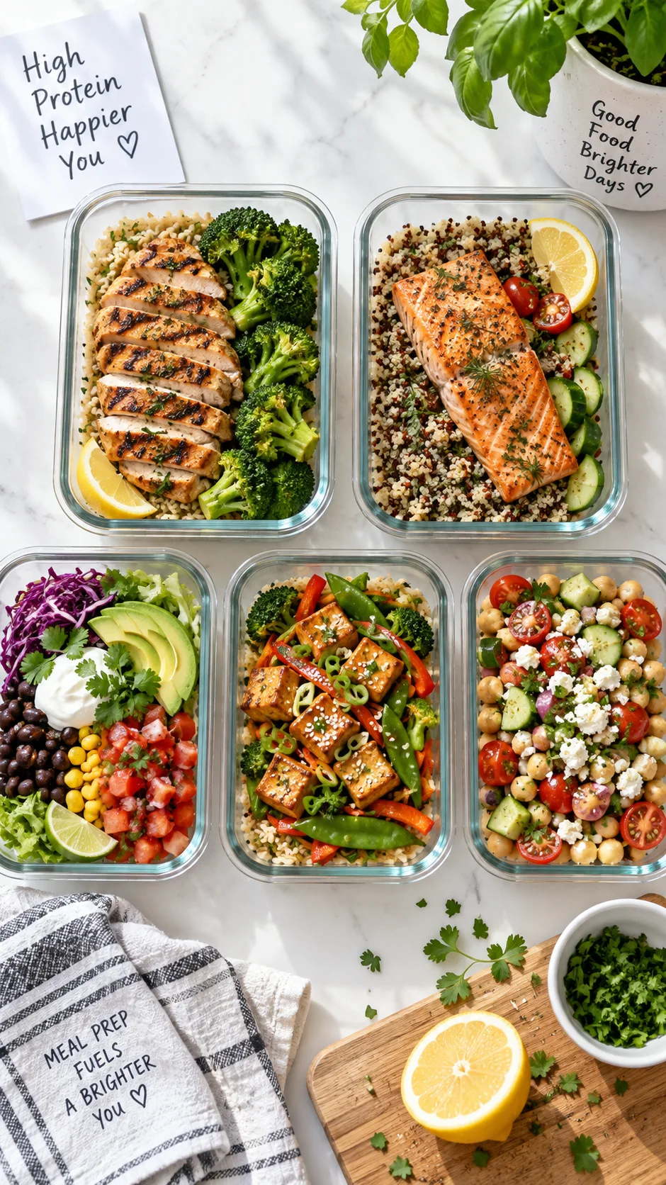 High Protein Lunch Meal Prep Ideas That Actually Keep You Full All Week 1 Overhead flat lay of five glass meal prep containers filled with colorful high protein lunches — grilled chicken with rice and broccoli, salmon with quinoa, beef burrito bowls, tofu stir fry, and a chickpea salad — on a bright white kitchen counter, natural window light, food photography style