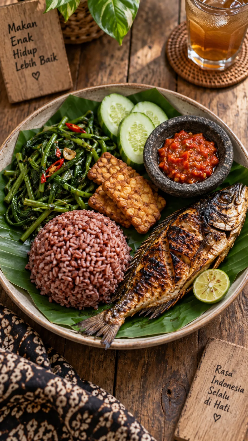 The Indonesian Diet Menu That Actually Keeps You Full Without Giving Up Your Favorite Foods 1 Overhead photograph of a balanced Indonesian meal on a rustic wooden table: small portion of red rice, grilled ikan bakar, tumis kangkung, tempe, cucumber slices and sambal in a small stone bowl, natural window light, food photography, shallow depth of field