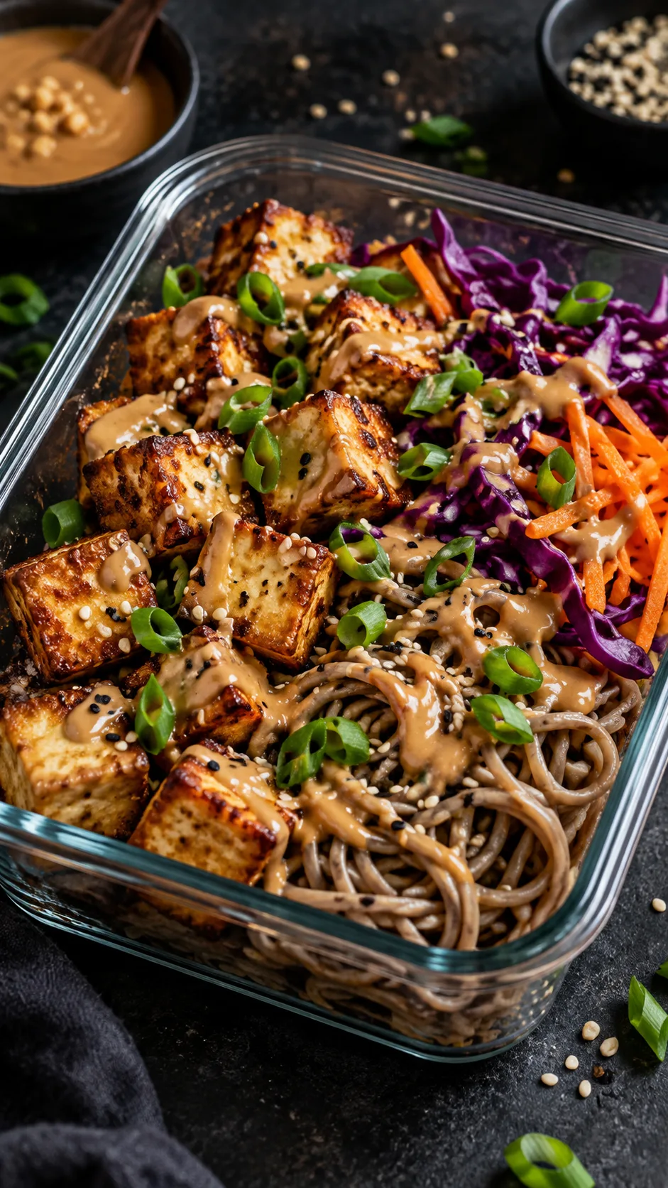 High Protein Lunch Meal Prep Ideas That Actually Keep You Full All Week 3 Close-up of a glass meal prep container with crispy golden tofu cubes, soba noodles, shredded purple cabbage and carrots, drizzled with peanut sauce and topped with sesame seeds and green onions, dark moody food photography