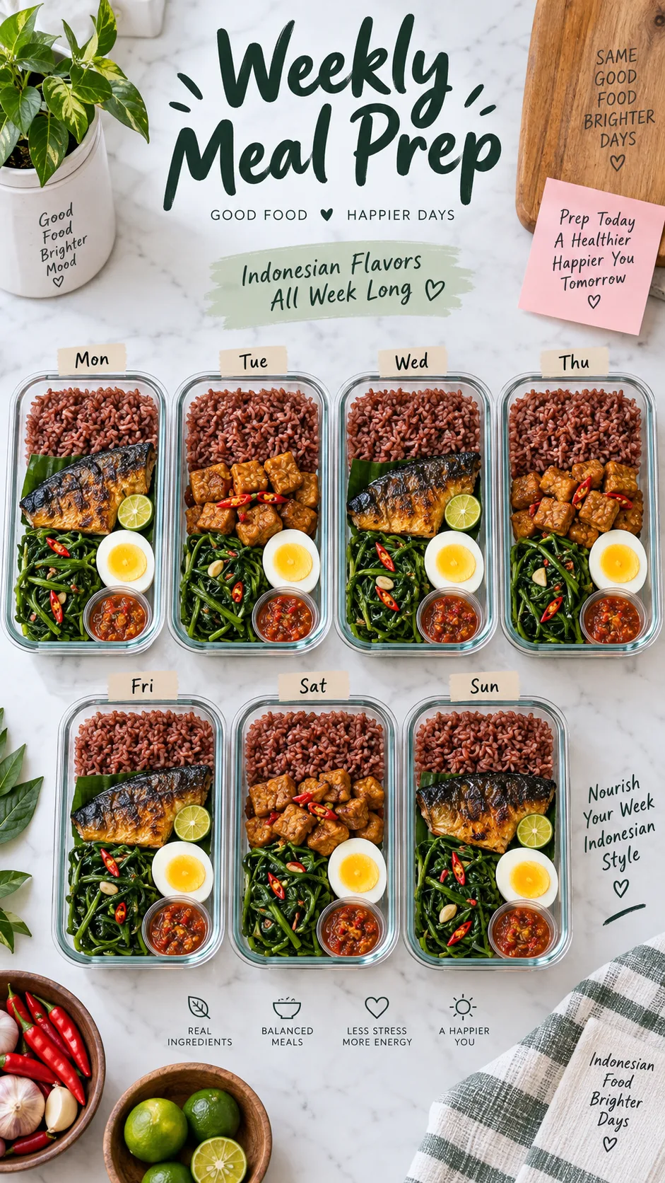The Indonesian Diet Menu That Actually Keeps You Full Without Giving Up Your Favorite Foods 3 Weekly meal prep flat lay with seven glass containers filled with Indonesian dishes: red rice, grilled fish, tempeh, stir-fried water spinach, boiled eggs and sambal, labelled with days, bright clean kitchen counter, top-down view