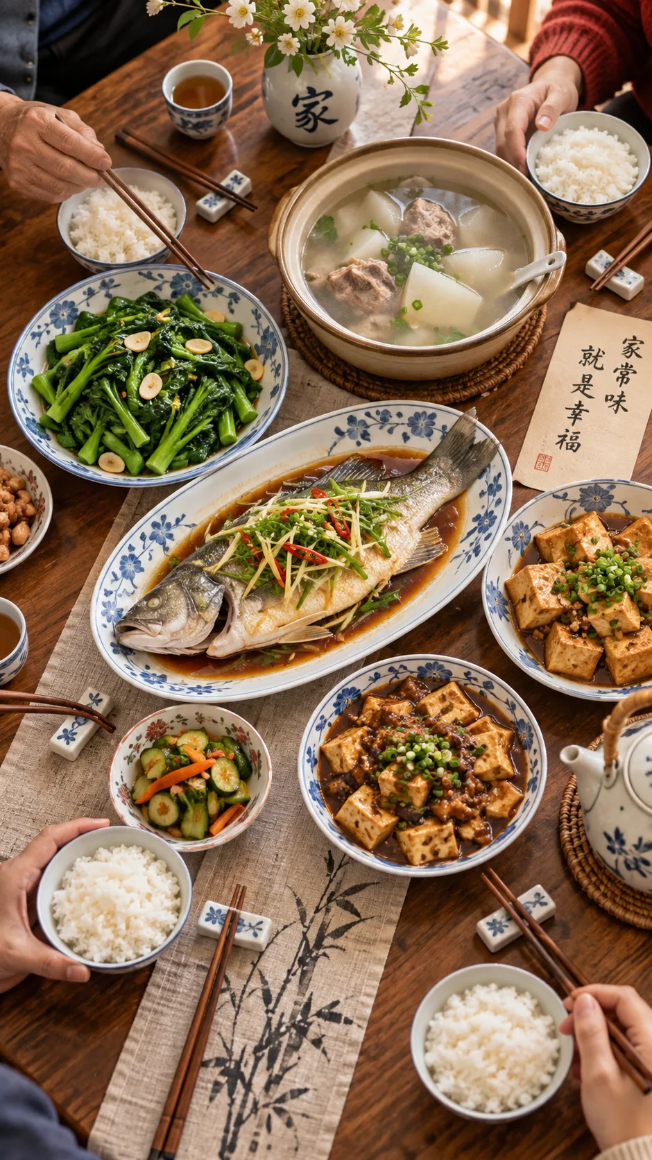 The Chinese Diet Plan That Keeps Millions Slim Without Counting Calories 1 A warm, natural-light overhead photograph of a traditional Chinese family dinner table with multiple shared small dishes: steamed fish, stir-fried greens with garlic, tofu, a clear broth soup, and small bowls of white rice with chopsticks resting on ceramic rests