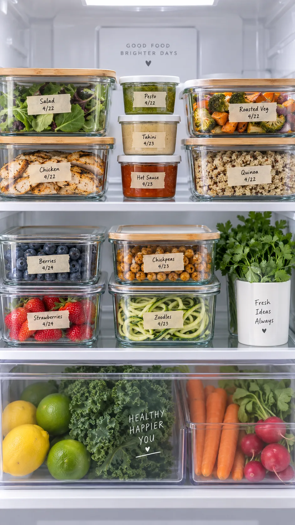 High Protein Lunch Meal Prep Ideas That Actually Keep You Full All Week 4 An organized refrigerator shelf with neatly stacked glass meal prep containers, small sauce cups, and labeled masking tape date tags, clean minimal aesthetic, bright even lighting