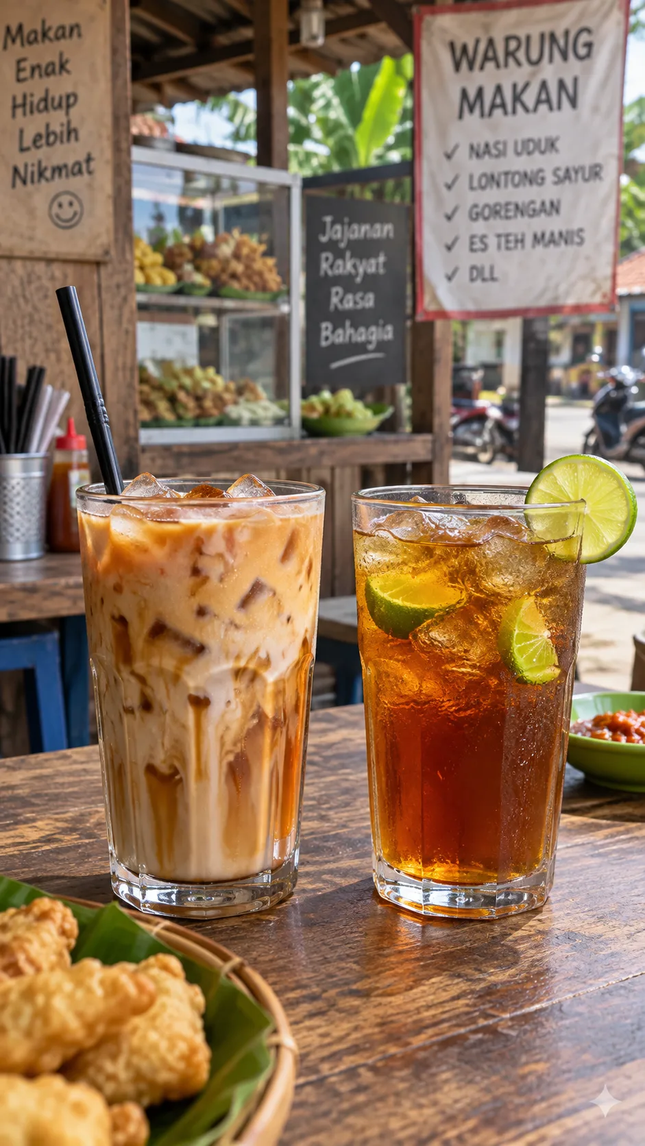 The Indonesian Diet Menu That Actually Keeps You Full Without Giving Up Your Favorite Foods 4 Side by side comparison photograph of a tall glass of iced sweet tea with condensed milk next to a clear glass of plain iced tea with lime wedges, on a warung table with Indonesian street food background, natural daylight