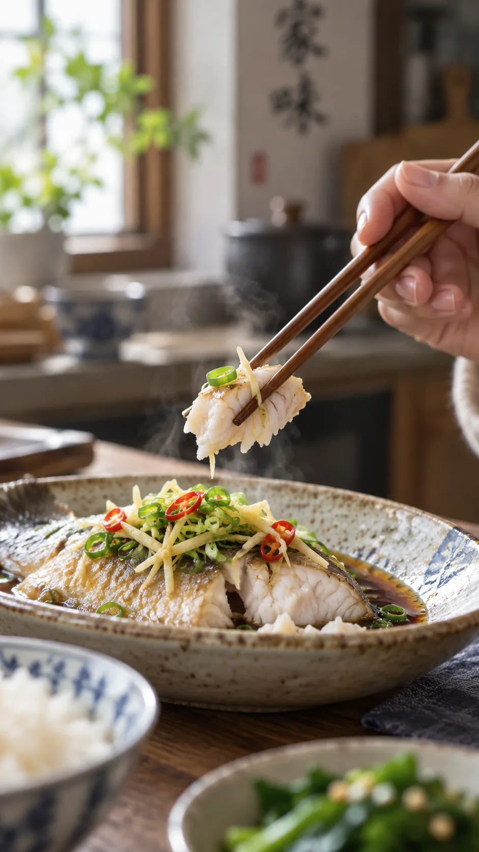 The Chinese Diet Plan That Keeps Millions Slim Without Counting Calories 2 Close-up macro photograph of hands using wooden chopsticks to pick up a small piece of steamed fish from a ceramic dish, shallow depth of field, soft window light, authentic home kitchen setting