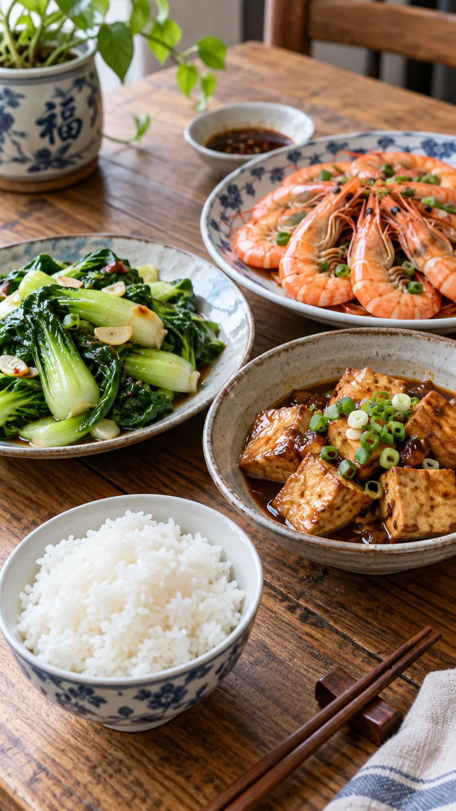 The Chinese Diet Plan That Keeps Millions Slim Without Counting Calories 3 A small ceramic bowl of steamed white rice beside three colourful shared dishes of stir-fried bok choy, braised tofu and steamed prawns on a wooden table, natural daylight, documentary food photography style
