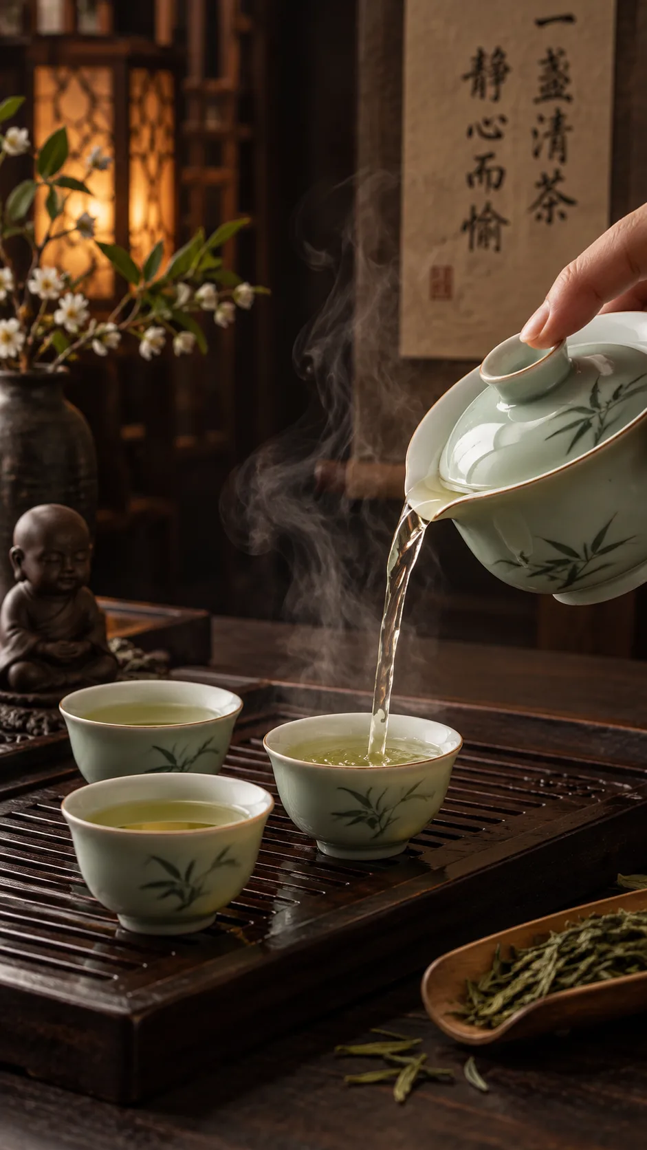 The Chinese Diet Plan That Keeps Millions Slim Without Counting Calories 4 A traditional Chinese gaiwan tea set with pale green tea being poured into small cups, steam rising, dark wooden tea tray, moody warm lighting