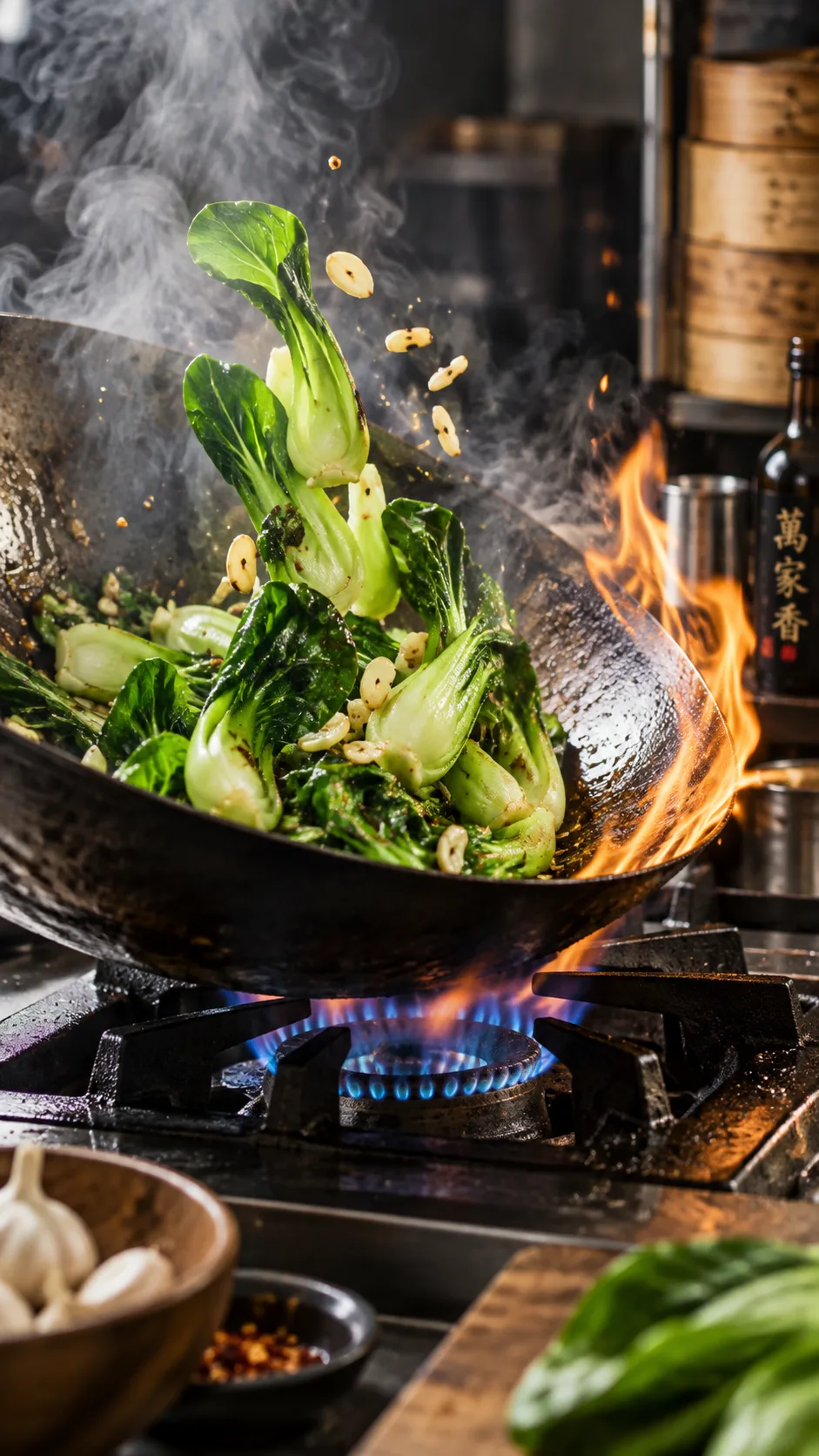 The Chinese Diet Plan That Keeps Millions Slim Without Counting Calories 5 A hot carbon steel wok on a gas flame with vibrant green bok choy and garlic being tossed, slight flame licking the edge, action shot with steam and motion blur, professional food photography