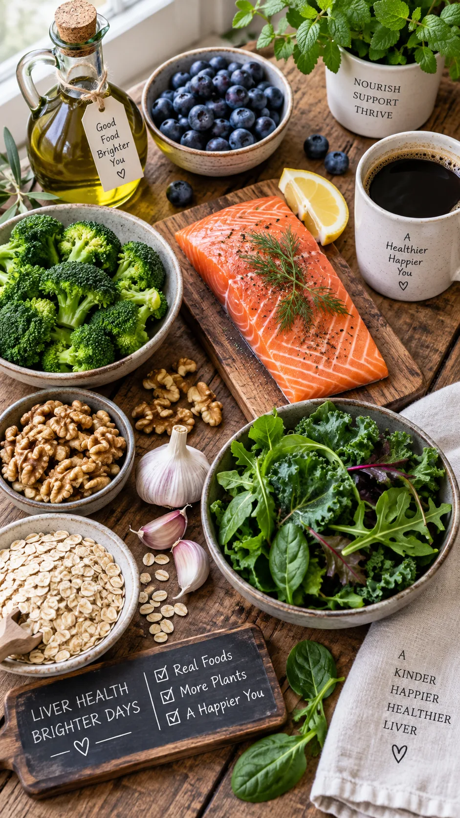 Bright overhead photograph of a wooden table filled with liver-friendly whole foods: olive oil, wild salmon fillet, broccoli, blueberries, walnuts, black coffee, leafy greens, garlic and oats, natural window light, editorial food photography style
