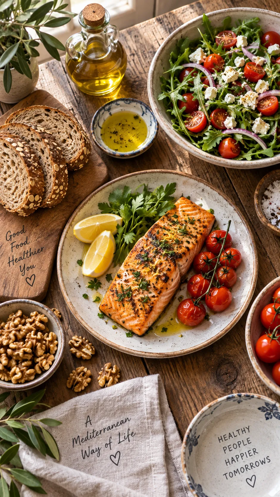 The Heart Healthy Diet Plan Beginners Actually Stick To (With Meal Ideas) 1 Overhead shot of a rustic wooden table with a Mediterranean-style heart healthy spread: grilled salmon, olive oil drizzle, whole grain bread, cherry tomatoes, walnuts, leafy greens salad, natural window light, warm inviting food photography