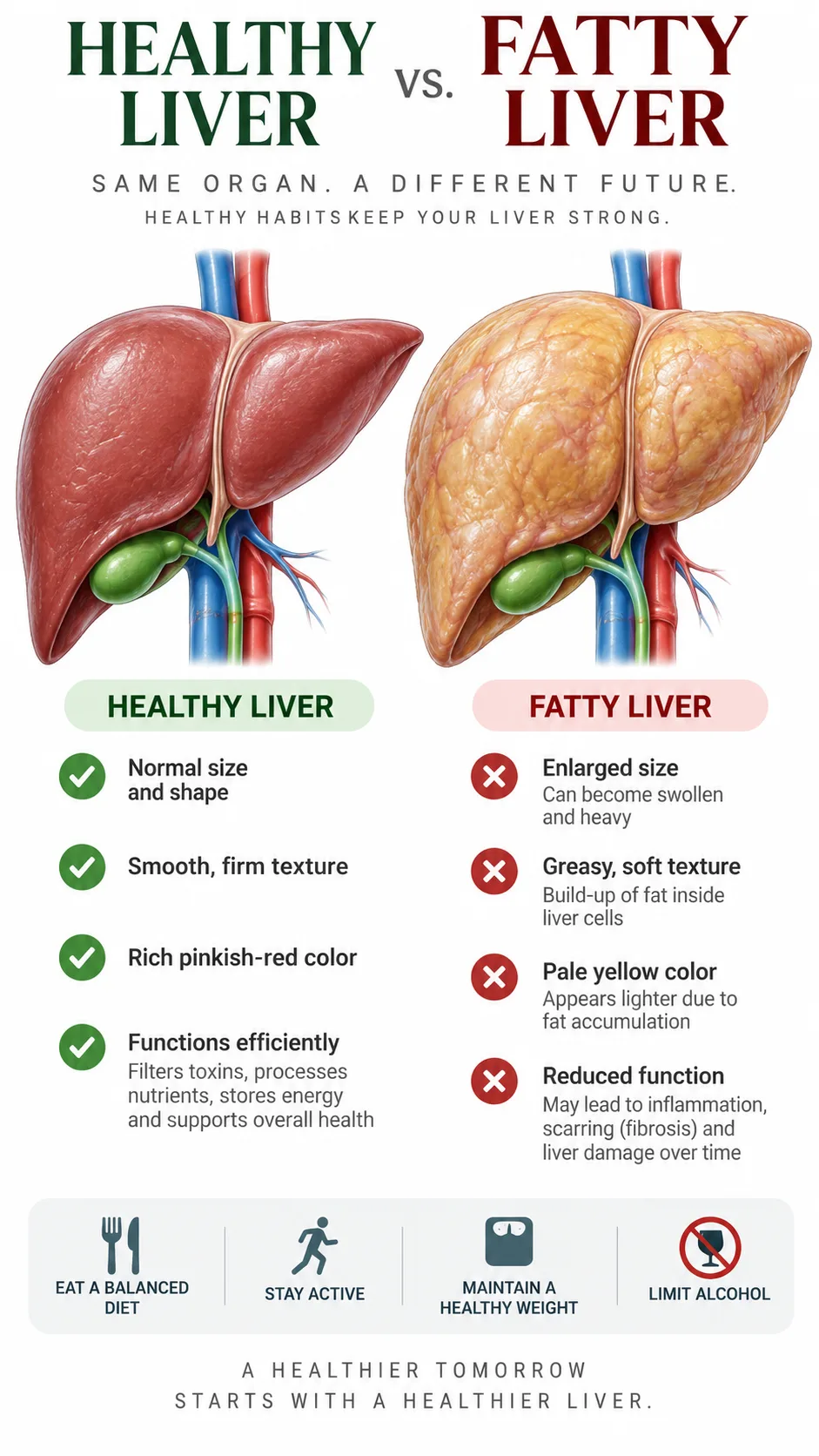 Medical illustration comparing a healthy pink liver next to a pale enlarged fatty liver, clean white background, educational infographic style, high detail anatomical rendering