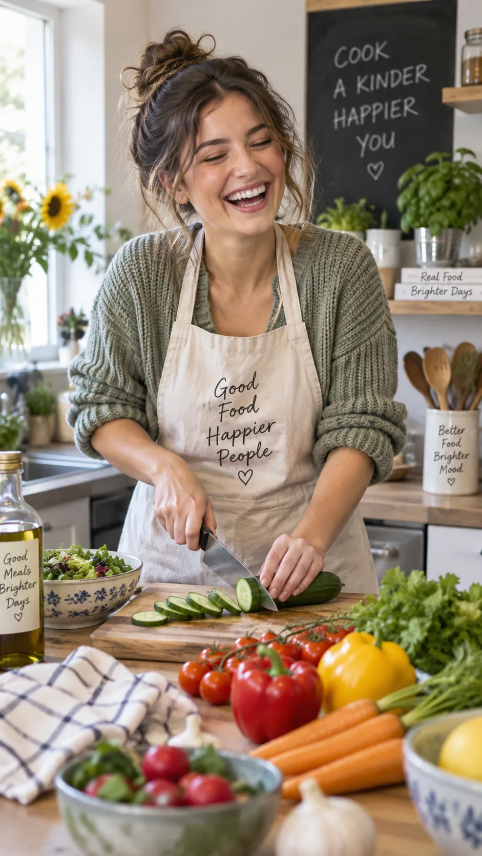 The Heart Healthy Diet Plan Beginners Actually Stick To (With Meal Ideas) 2 A person in a home kitchen laughing while chopping vegetables, colourful produce on the counter, relaxed casual atmosphere, natural lighting, candid lifestyle photography showing cooking should feel enjoyable not punishing