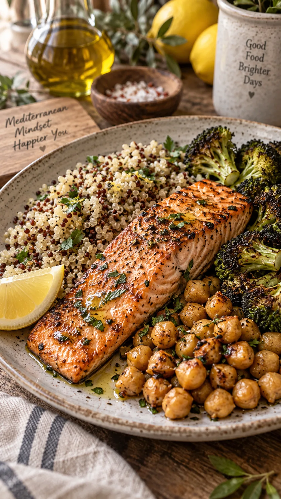 Close-up rustic photograph of a Mediterranean-style lunch plate with grilled salmon, quinoa, roasted broccoli, chickpeas, olive oil drizzle and lemon wedge, warm natural lighting, shallow depth of field