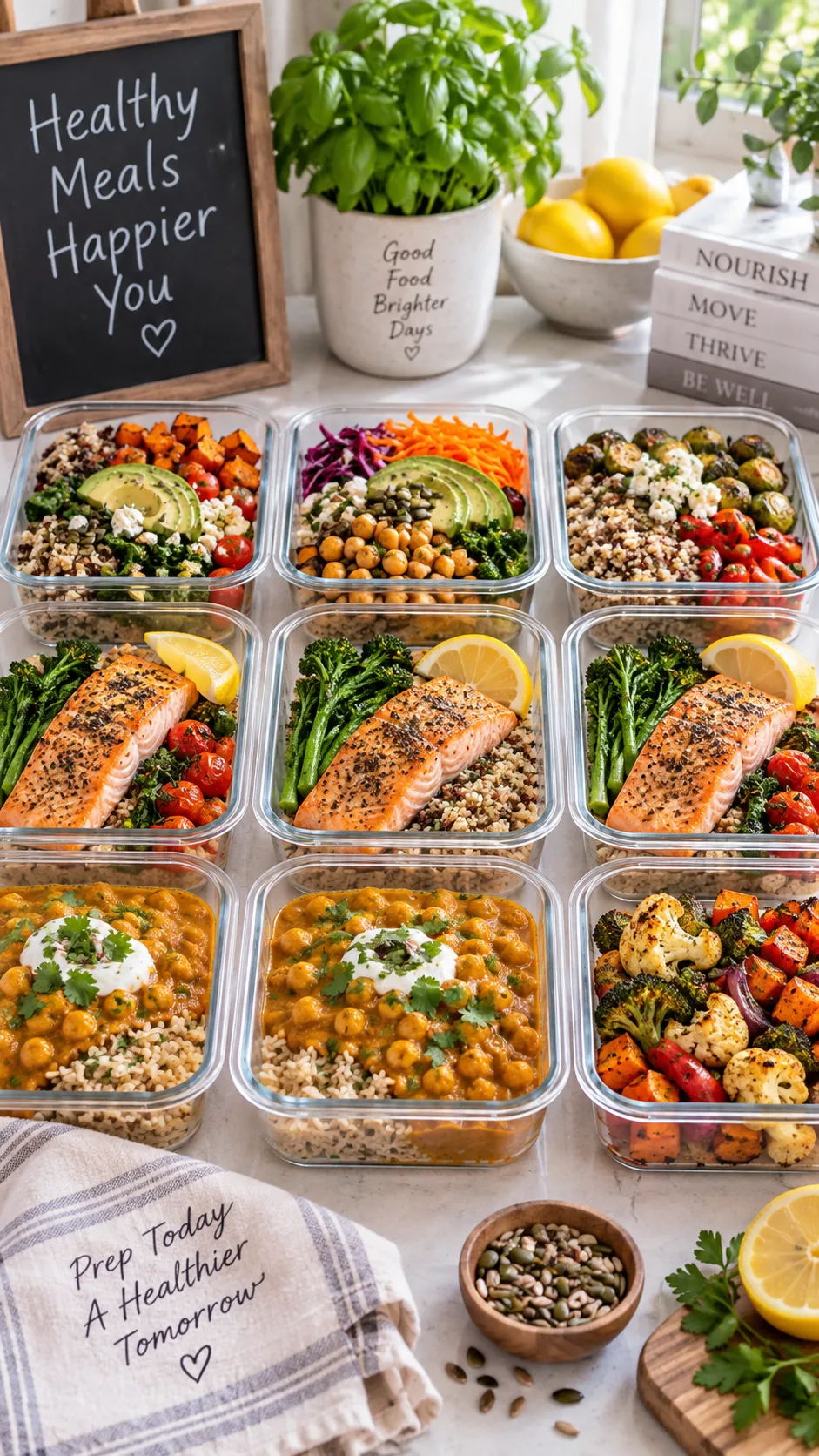 The Heart Healthy Diet Plan Beginners Actually Stick To (With Meal Ideas) 3 Weekly meal prep containers arranged neatly on a kitchen counter filled with colourful heart healthy meals - grain bowls, salmon, roasted vegetables, chickpea curry, bright natural lighting, organised and appealing