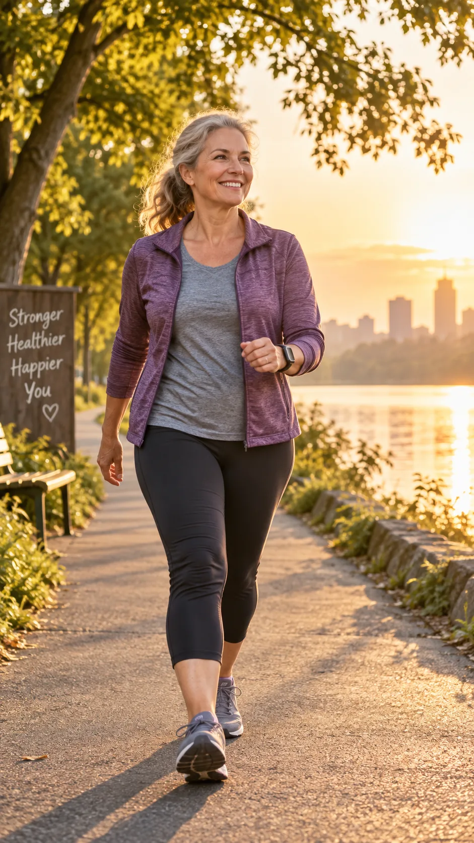The Heart Healthy Diet Plan Beginners Actually Stick To (With Meal Ideas) 4 Middle-aged person walking briskly outdoors on a tree-lined path in the early morning, comfortable clothing, smiling, golden hour light, realistic approachable fitness photography