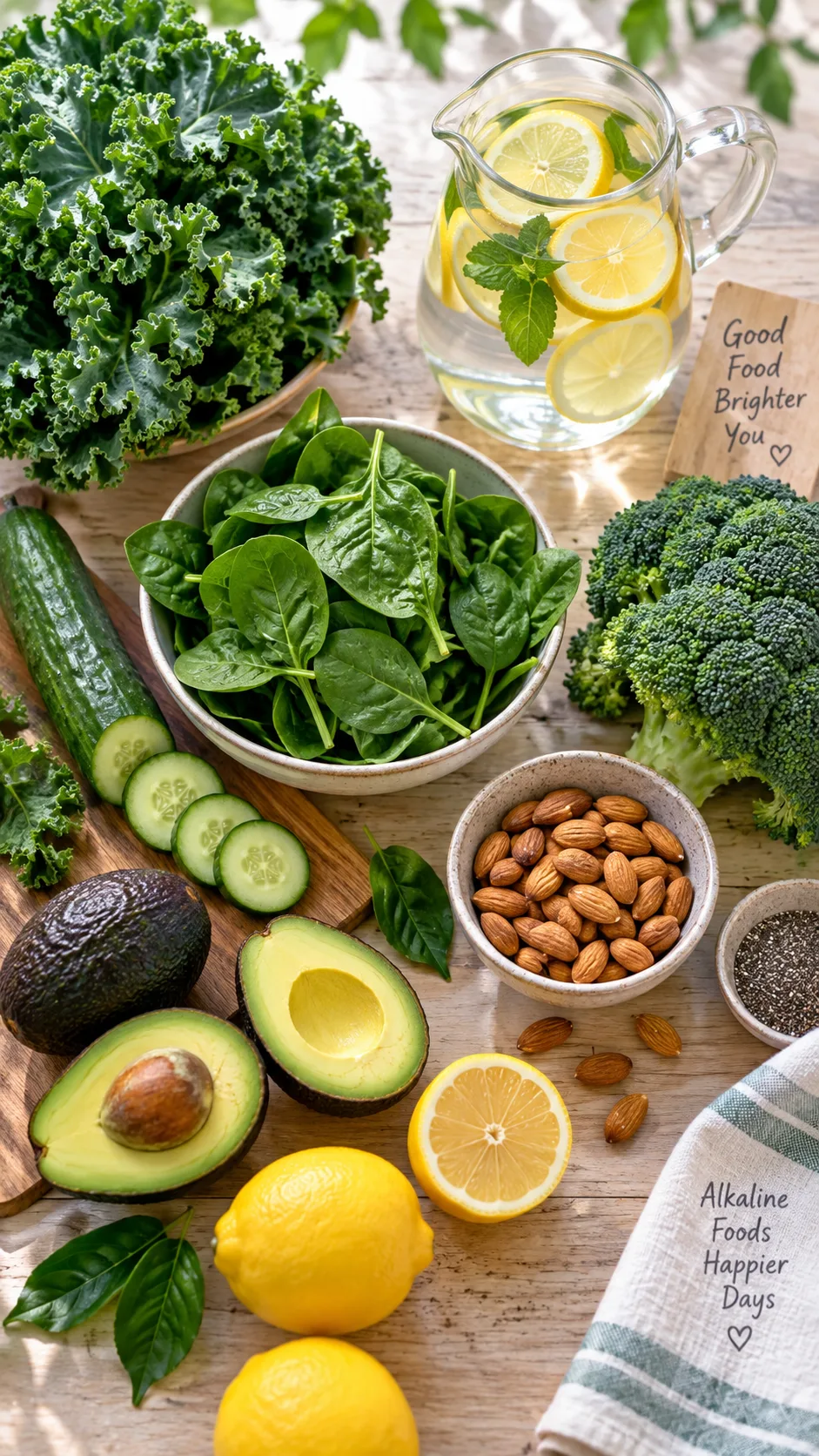 Overhead flat lay of fresh alkaline foods on a light wooden table: kale, spinach, cucumbers, avocados, lemons, broccoli, almonds and a glass pitcher of lemon water, bright natural morning light, food photography, shallow depth of field
