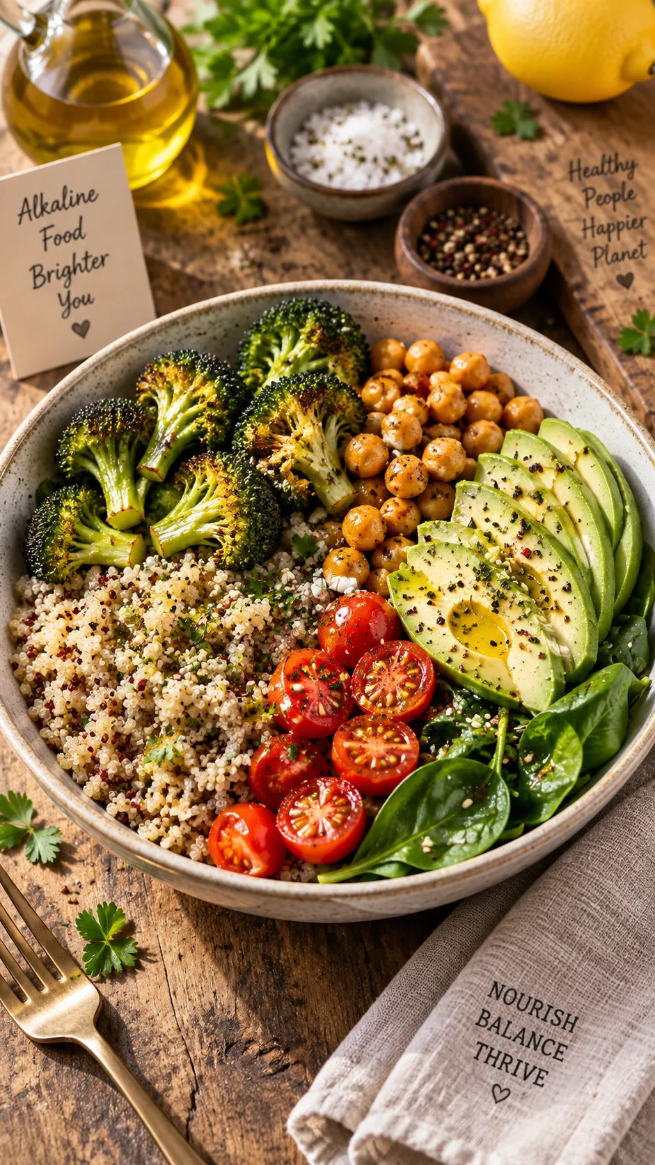 A colorful alkaline diet meal bowl on a ceramic plate: quinoa, roasted broccoli, chickpeas, sliced avocado, cherry tomatoes, spinach and a drizzle of olive oil, styled on a rustic table with a linen napkin, warm natural light