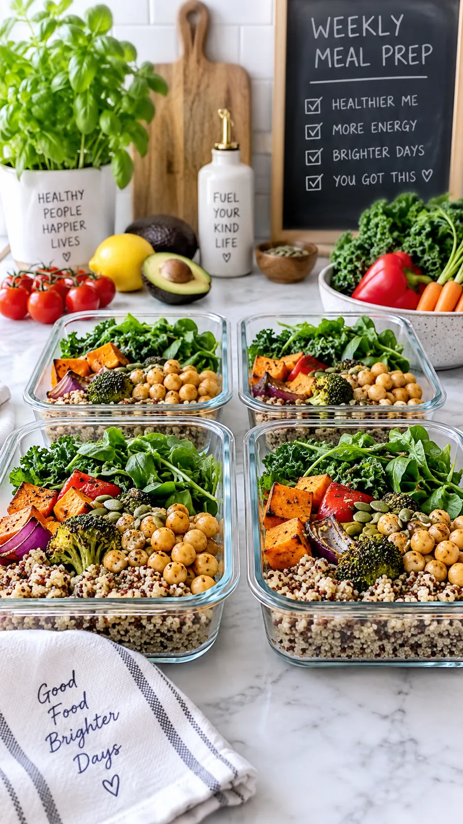 A weekly meal prep setup with glass containers filled with quinoa, roasted vegetables, leafy greens and chickpeas, arranged on a kitchen counter with fresh produce in the background, bright airy lifestyle photography