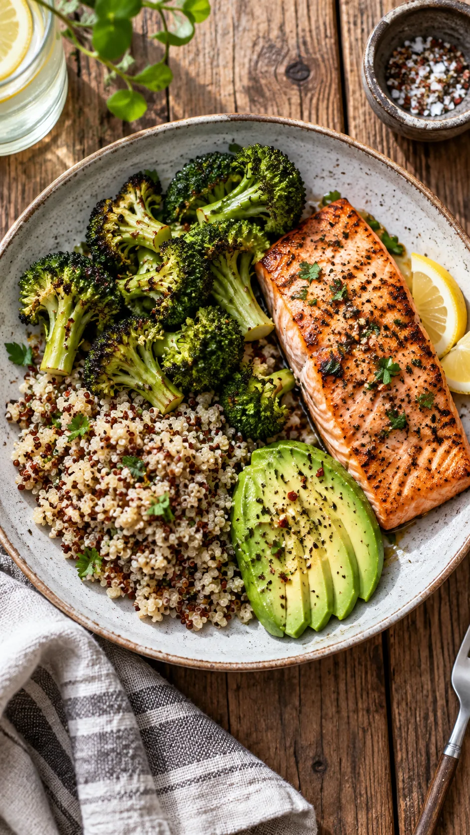 Overhead shot of a colorful balanced plate with grilled salmon, roasted broccoli, quinoa and avocado on a rustic wooden table, natural window light, food photography style