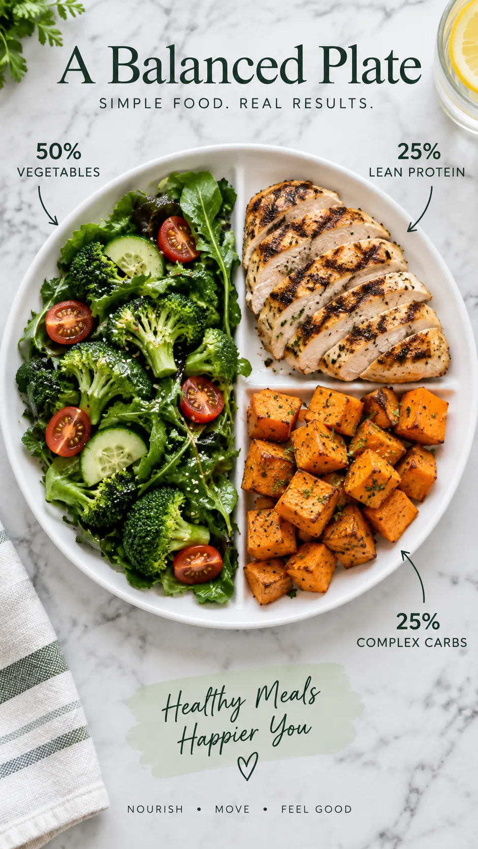 Visual diagram-style photograph of a white dinner plate divided into sections: half filled with green vegetables, quarter with grilled chicken, quarter with sweet potato, shot from directly above on marble surface