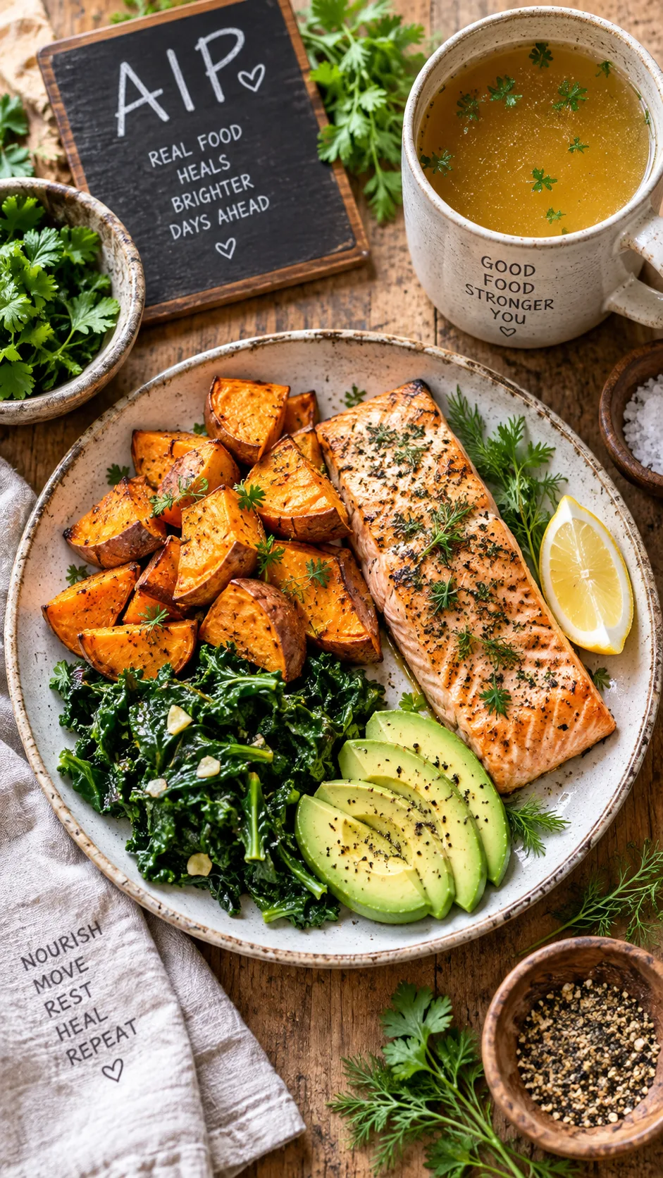 Overhead shot of a bright, colorful AIP-friendly meal spread on a rustic wooden table: roasted sweet potatoes, grilled salmon, avocado slices, sautéed greens, bone broth in a mug, fresh herbs, natural window light, warm and inviting food photography