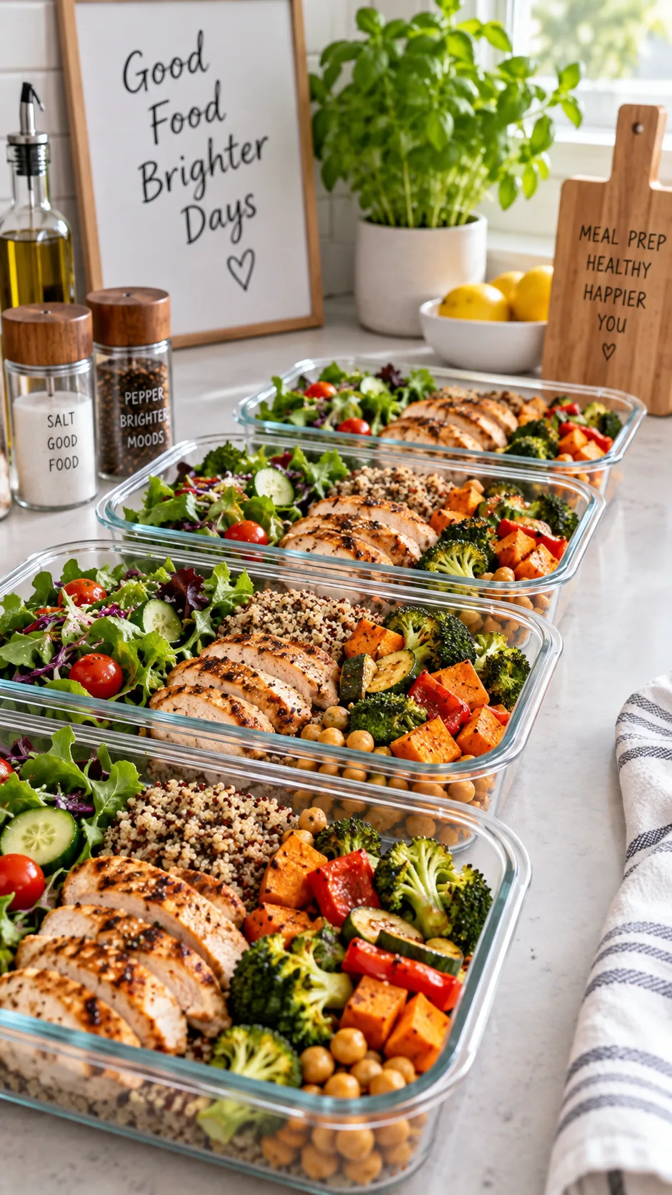 Meal prep containers lined up on a kitchen counter filled with grilled chicken, roasted vegetables, quinoa and salad, bright natural lighting, organized and appetizing