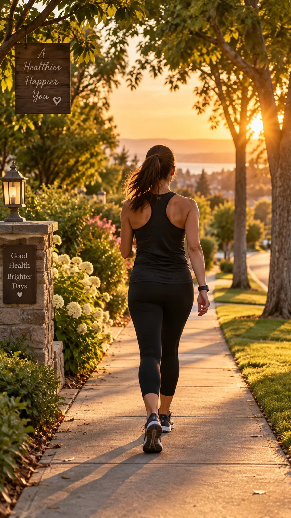 Person in athletic wear walking briskly on a tree-lined neighborhood path at golden hour, viewed from behind, warm evening light, healthy lifestyle photography