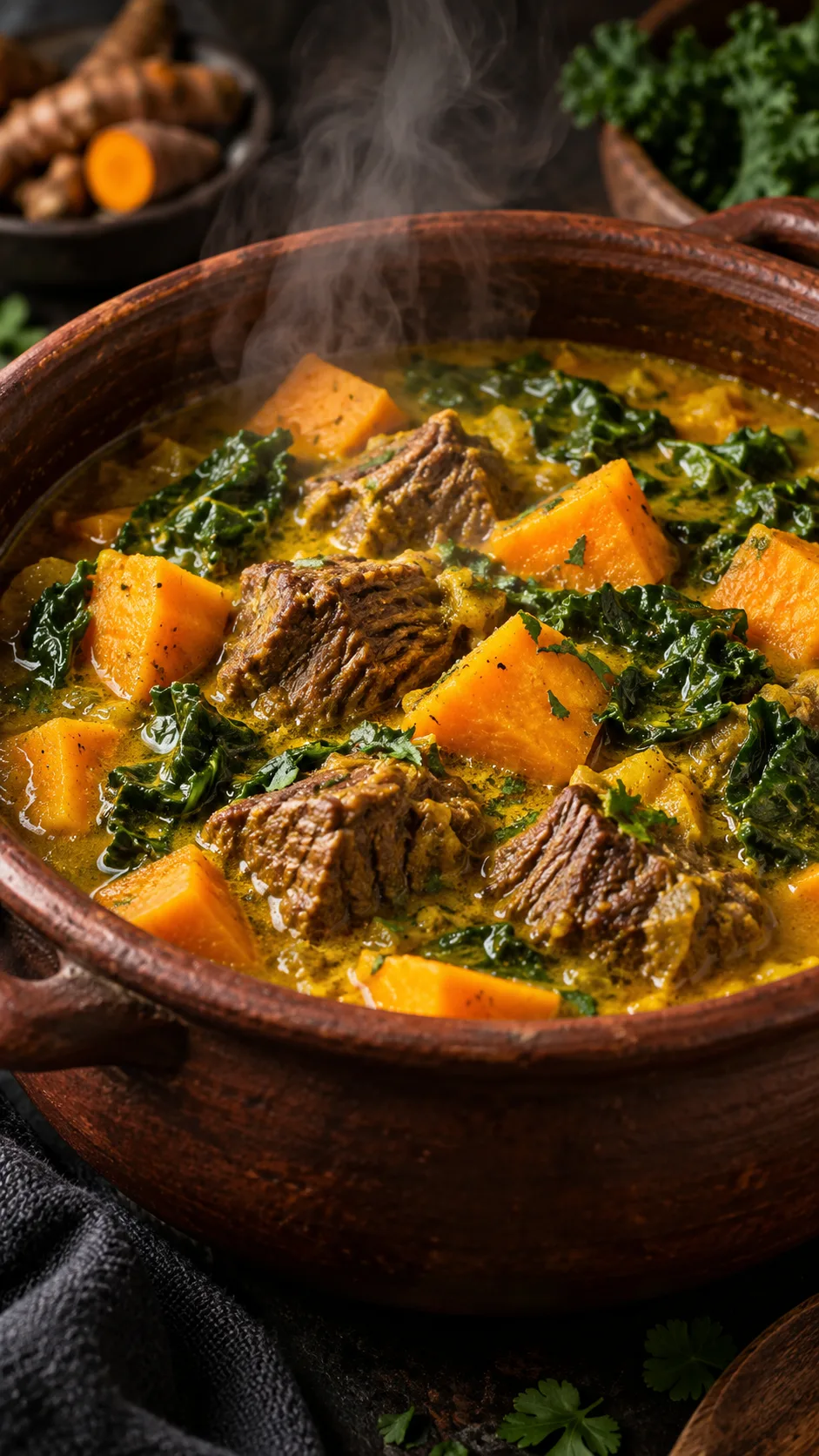 Close-up of a colorful AIP-friendly stew in a clay pot with turmeric-golden broth, chunks of tender beef, sweet potato, and leafy greens, steam rising, dark moody food photography with warm highlights