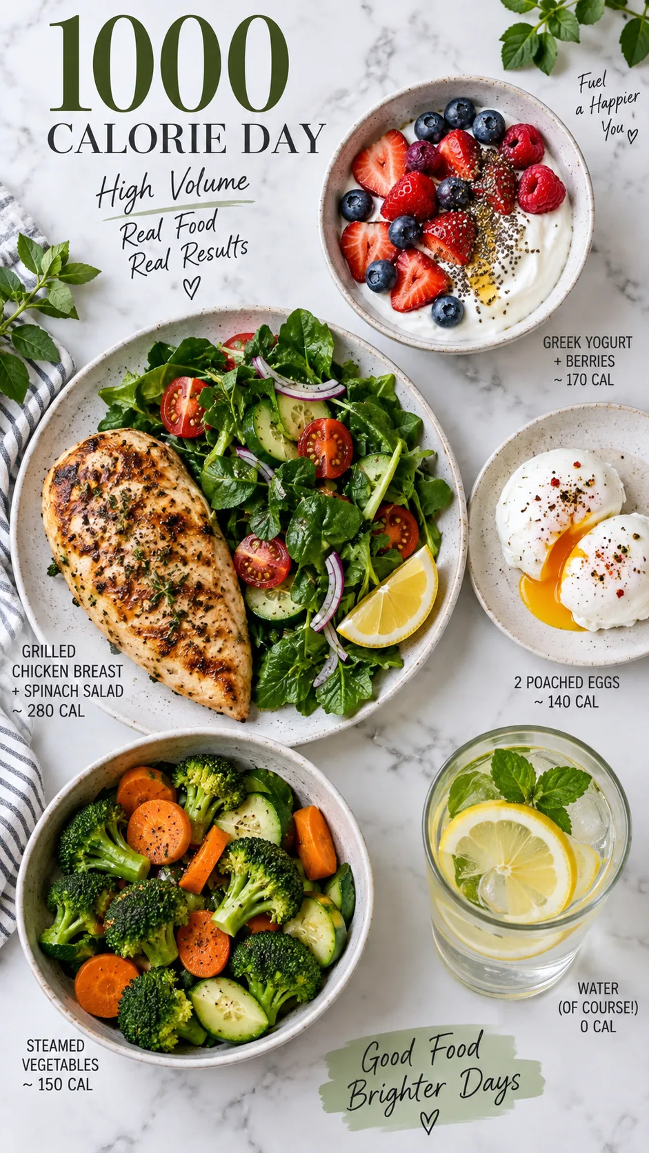 Overhead flat lay of a colorful high-volume 1000 calorie day of food on a white marble surface: grilled chicken breast, poached eggs, spinach salad, Greek yogurt with berries, steamed vegetables, natural daylight, crisp food photography