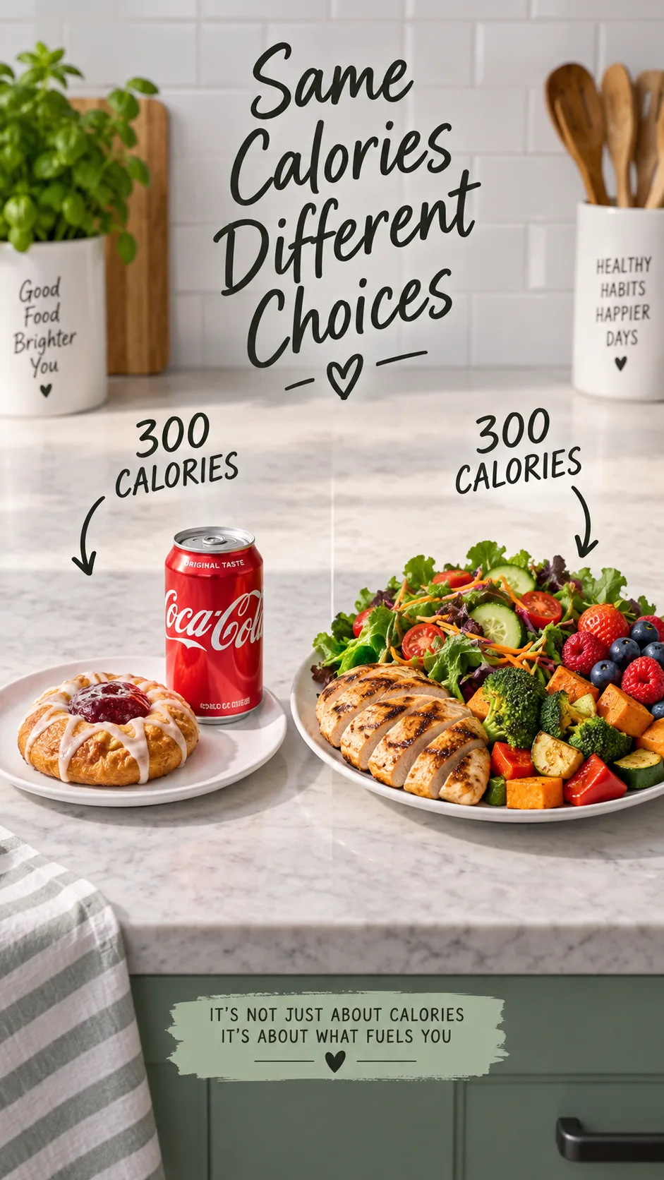 Side by side comparison photograph on a kitchen counter: one small pastry and soda on the left plate, a huge plate of grilled chicken, salad, vegetables and berries on the right plate, both labelled 300 calories, bright studio lighting