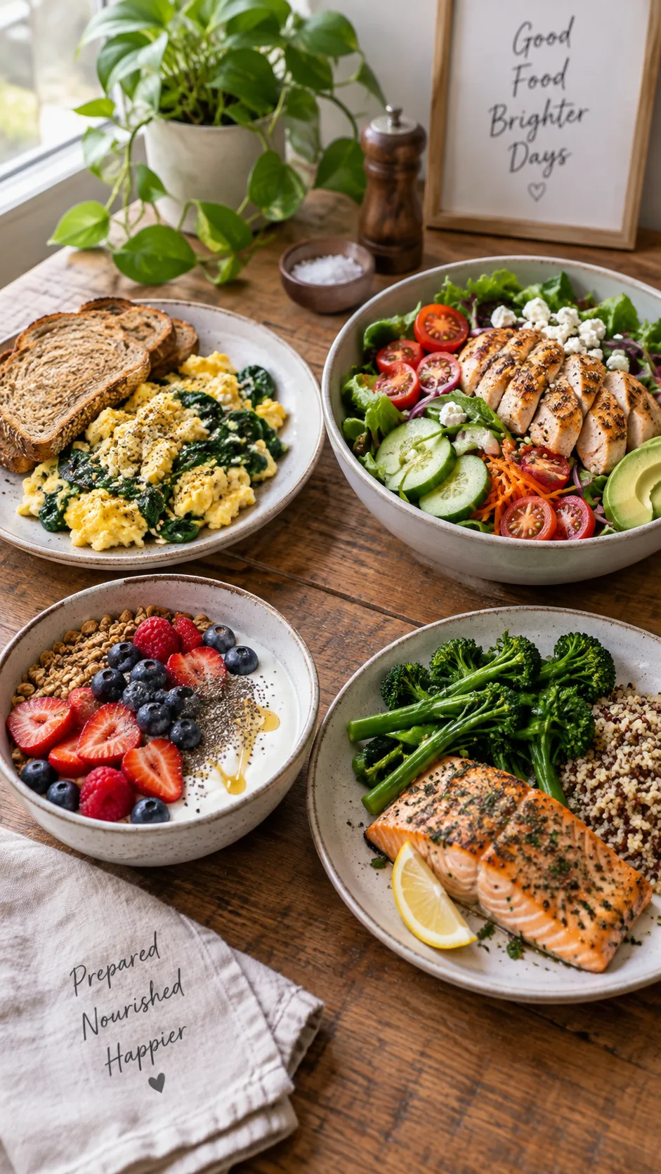 Four separate plated meals arranged in a grid on a wooden table: scrambled eggs with spinach and toast, large chicken salad bowl, Greek yogurt with berries, baked fish with steamed greens, soft natural window light, meal prep style