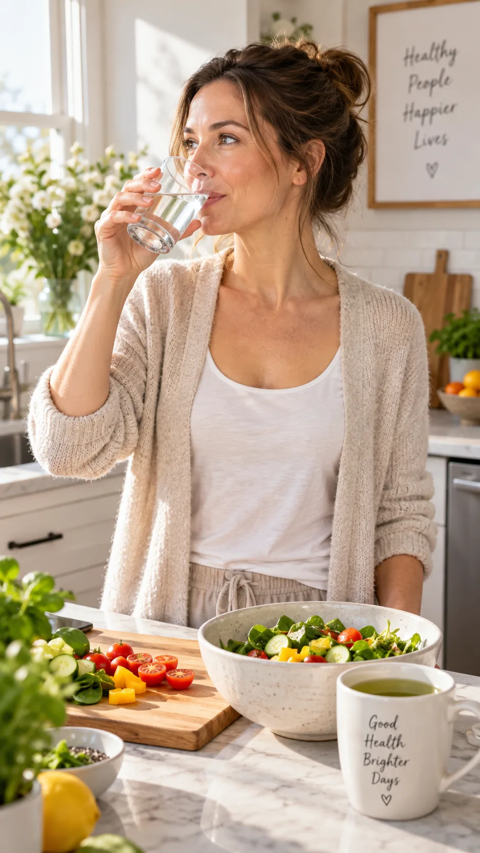 Woman in her thirties drinking a glass of water in a bright kitchen next to a bowl of chopped vegetables and a mug of green tea, candid lifestyle photograph, warm morning light