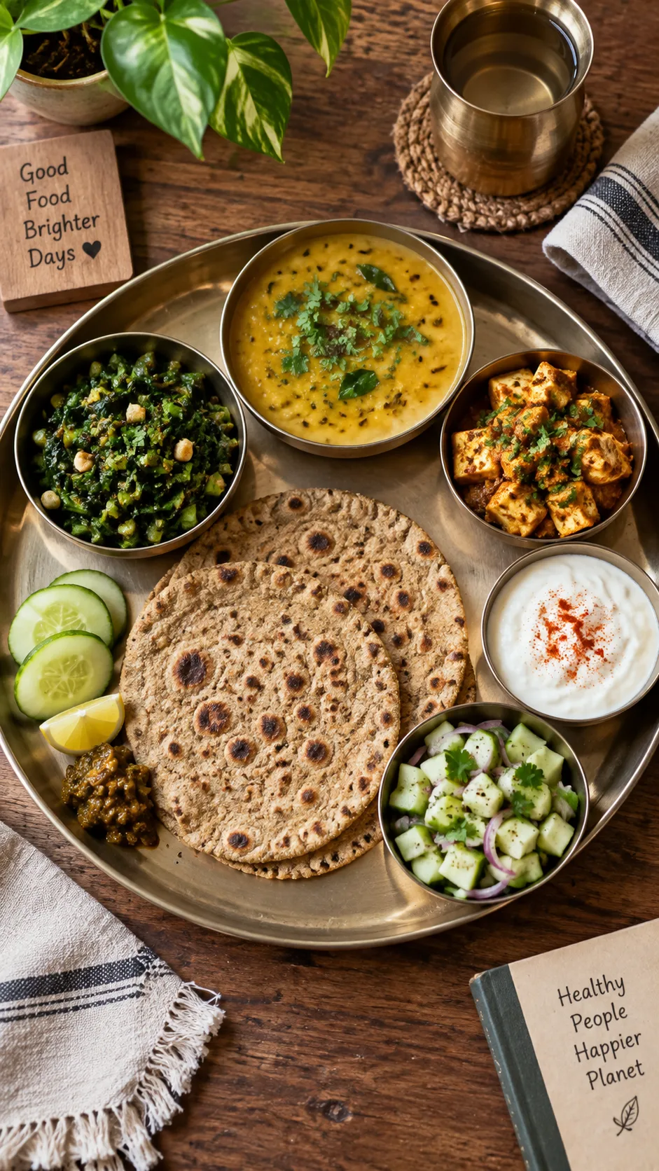 The PCOD Indian Diet Plan That Finally Balances Hormones Without Starving 1 Warm natural light overhead shot of a balanced Indian thali on a wooden table featuring millet roti, dal, sautéed green vegetables, curd, cucumber salad and a small bowl of paneer, styled realistically with visible textures