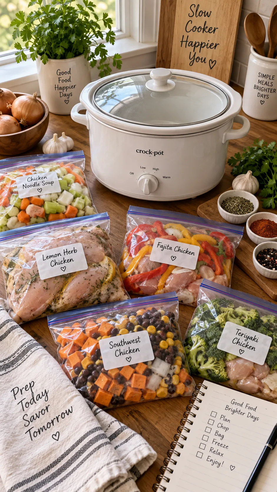 Crockpot Meal Prep Secrets That Make Healthy Weeknight Dinners Practically Effortless 1 Overhead shot of a white ceramic slow cooker on a warm wooden kitchen counter, surrounded by prepped freezer bags of chopped vegetables, raw chicken, herbs and spices, natural window light, cozy home kitchen atmosphere
