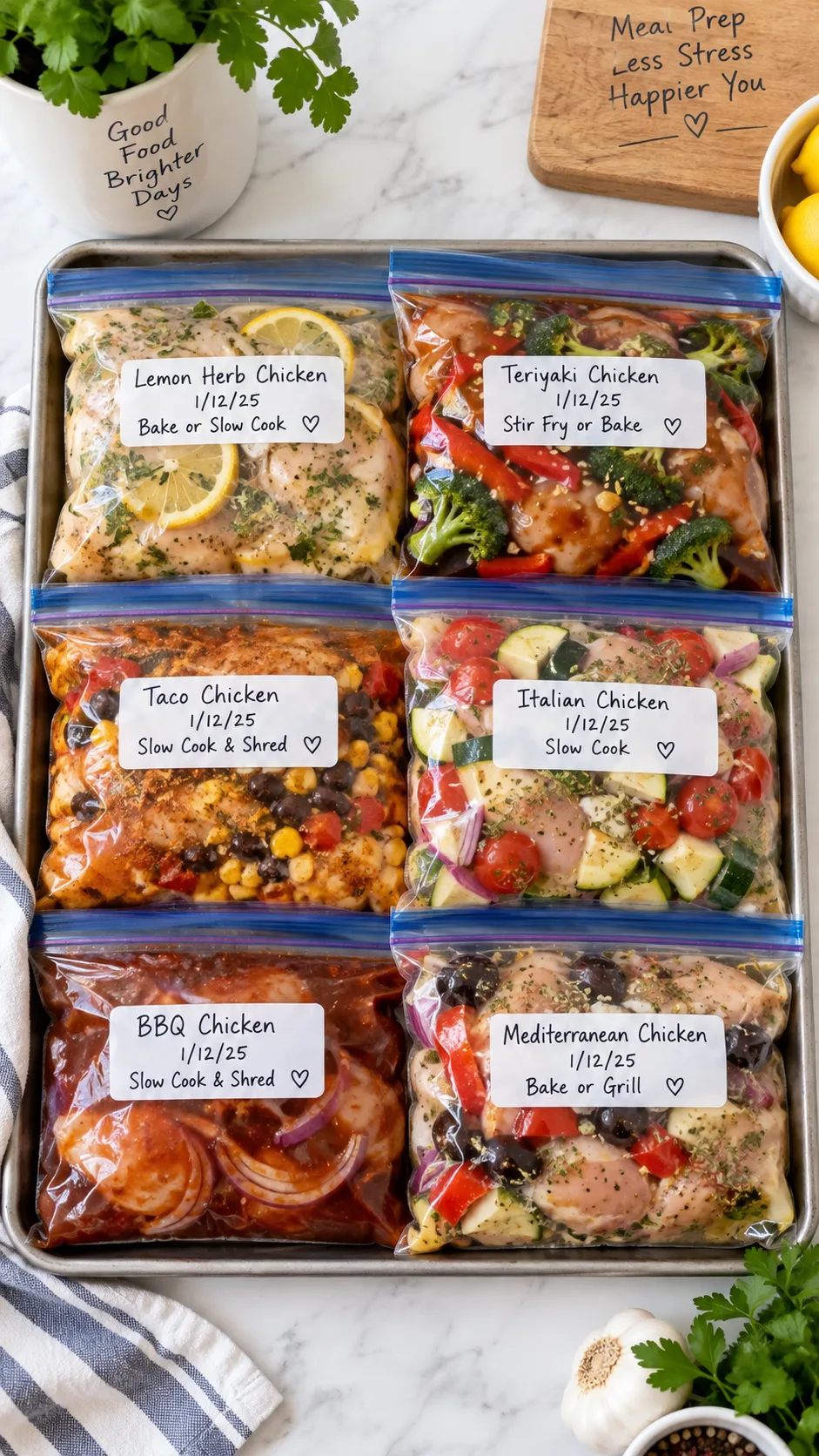 Crockpot Meal Prep Secrets That Make Healthy Weeknight Dinners Practically Effortless 2 Flat lay of six labeled freezer bags filled with raw chicken, chopped vegetables and spices, laid flat and stacked on a baking sheet, handwritten labels with dates, bright clean kitchen countertop