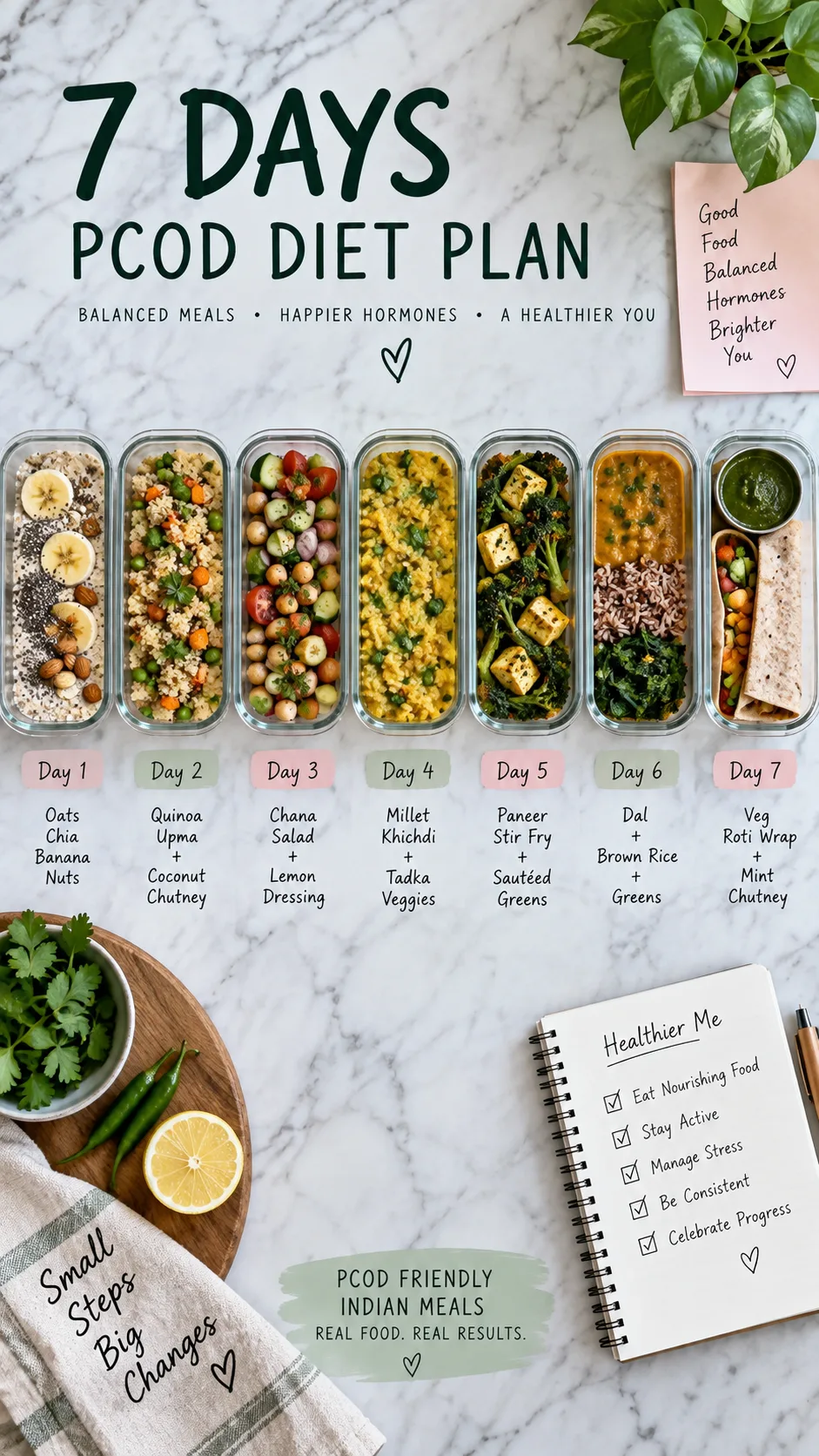 The PCOD Indian Diet Plan That Finally Balances Hormones Without Starving 3 Seven small meal containers arranged in a row on a marble counter showing varied Indian meals for a weekly PCOD diet plan, natural daylight, flat lay meal prep photography