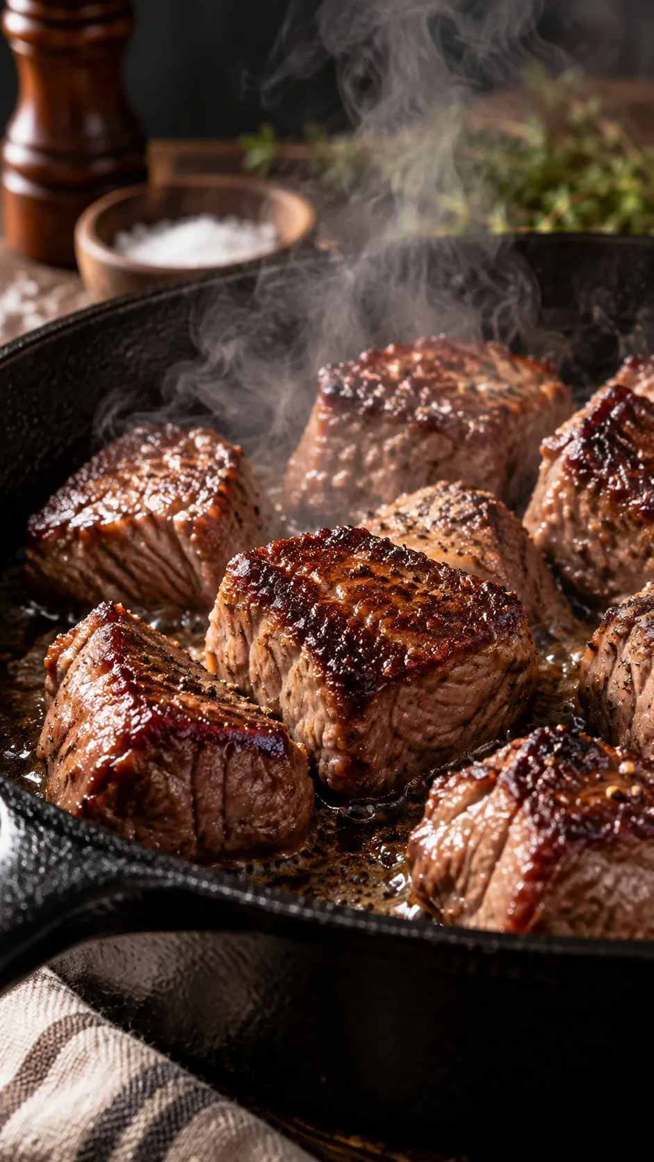 Crockpot Meal Prep Secrets That Make Healthy Weeknight Dinners Practically Effortless 3 Close up of beef chunks searing in a cast iron skillet with golden brown crust forming, steam rising, dramatic side lighting, professional food photography